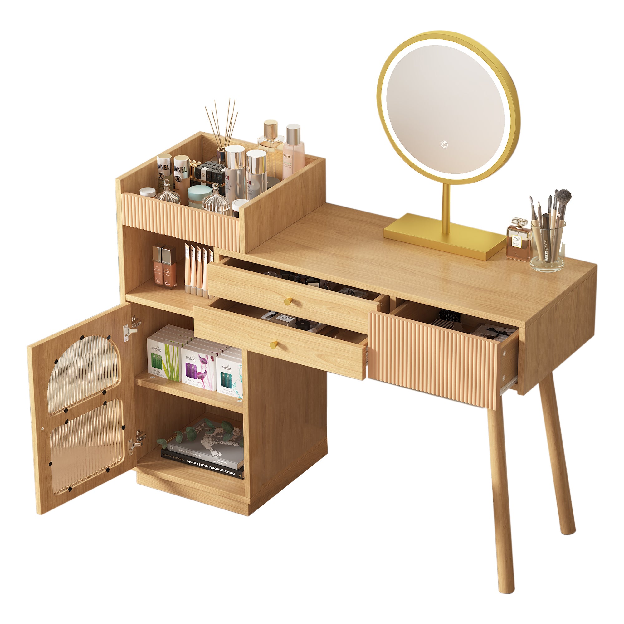 Dressing table set, cosmetic table with LED mirror and 3-color lighting, wooden