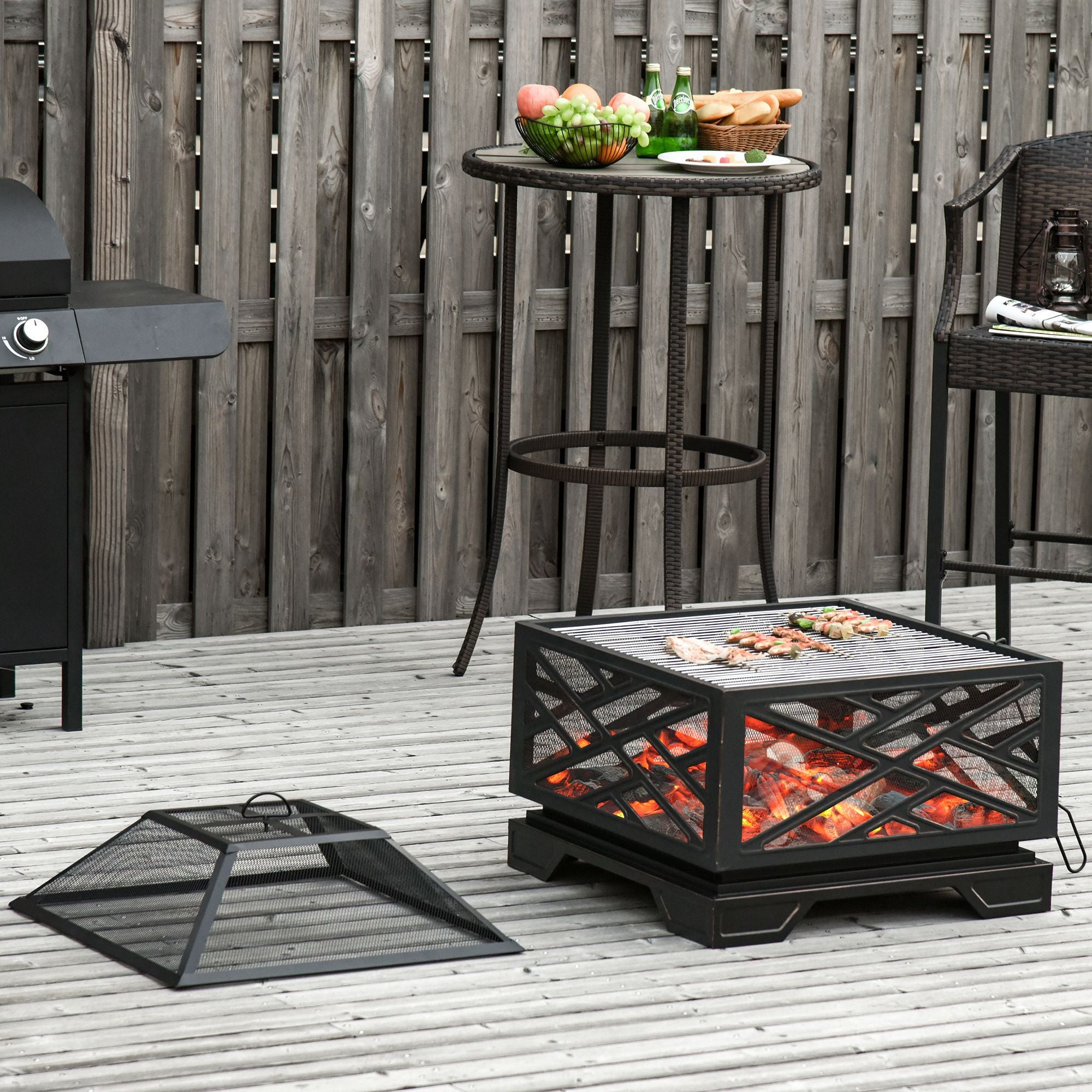 Fire Bowl with Spark Guard, Fire Basket with Grill Grate & Poker, 2-in-1 BBQ Grill, Metal, Black
