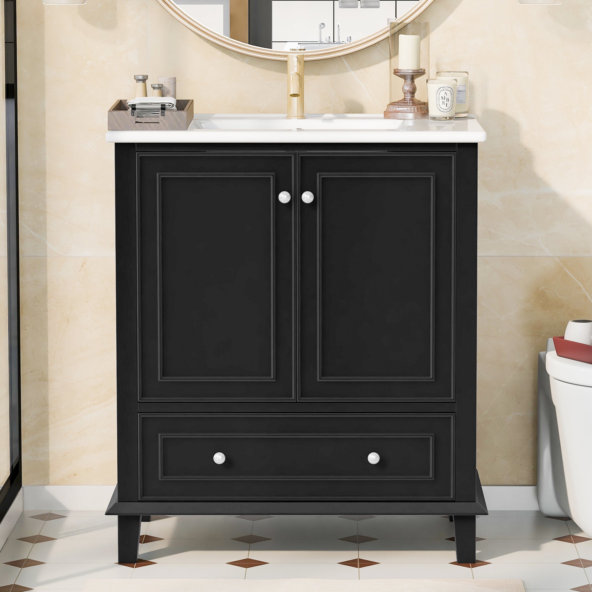 Bathroom Vanity Unit with Ceramic Sink and Solid Wood Legs, White and Black