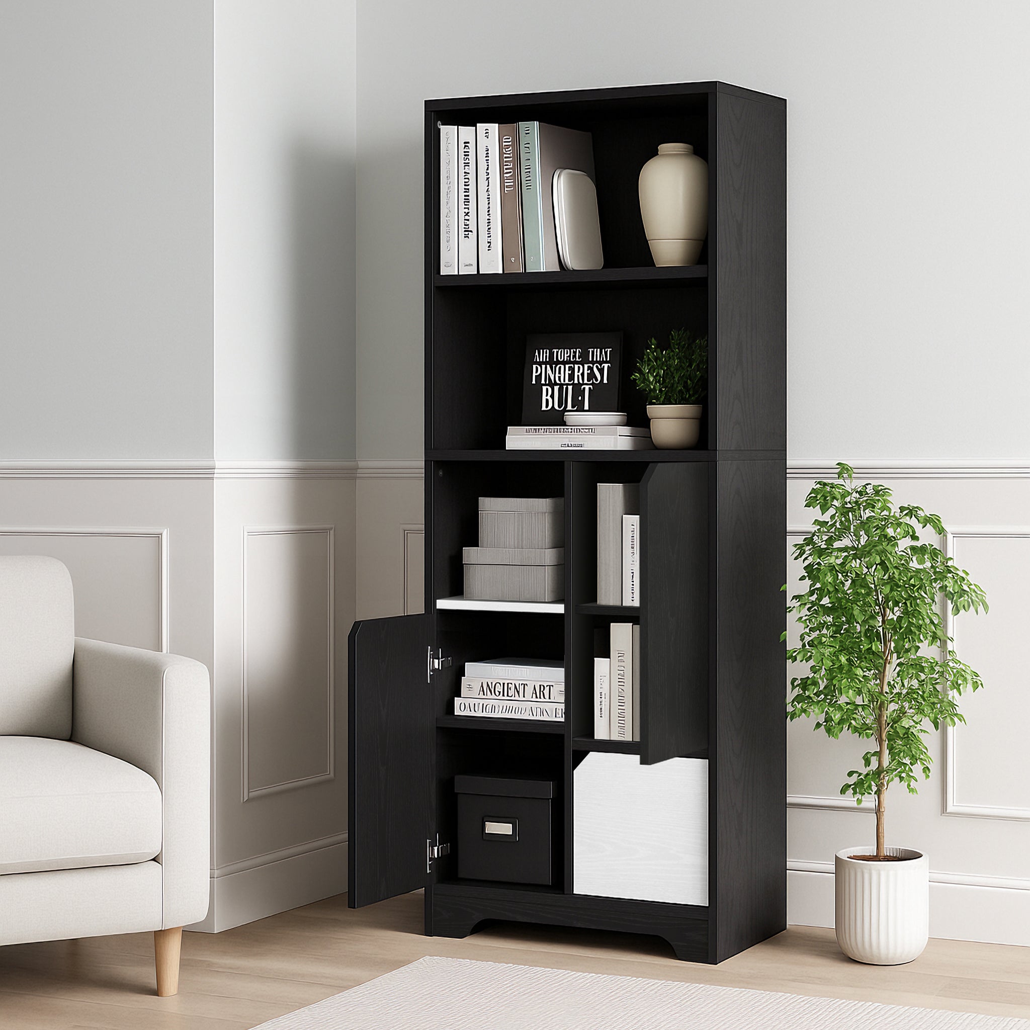Multifunctional Bookcase Storage Cabinet, Open Storage Doors Drawers, Black and White
