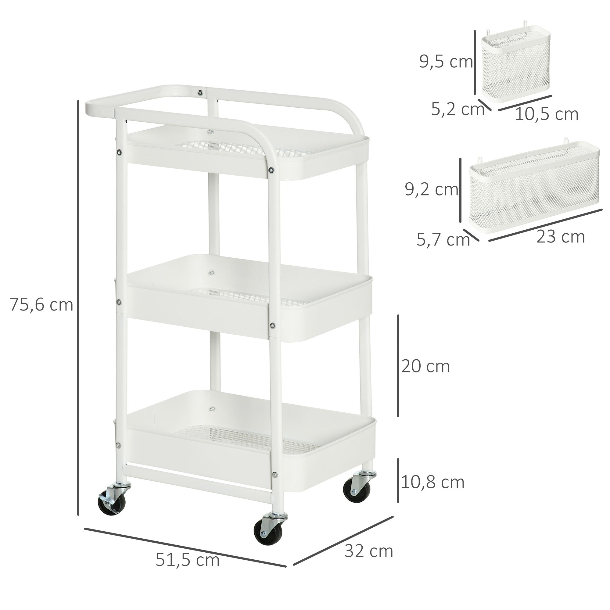 Rolling Cart, 3-Tier Kitchen Shelf with Wheels, Steel White