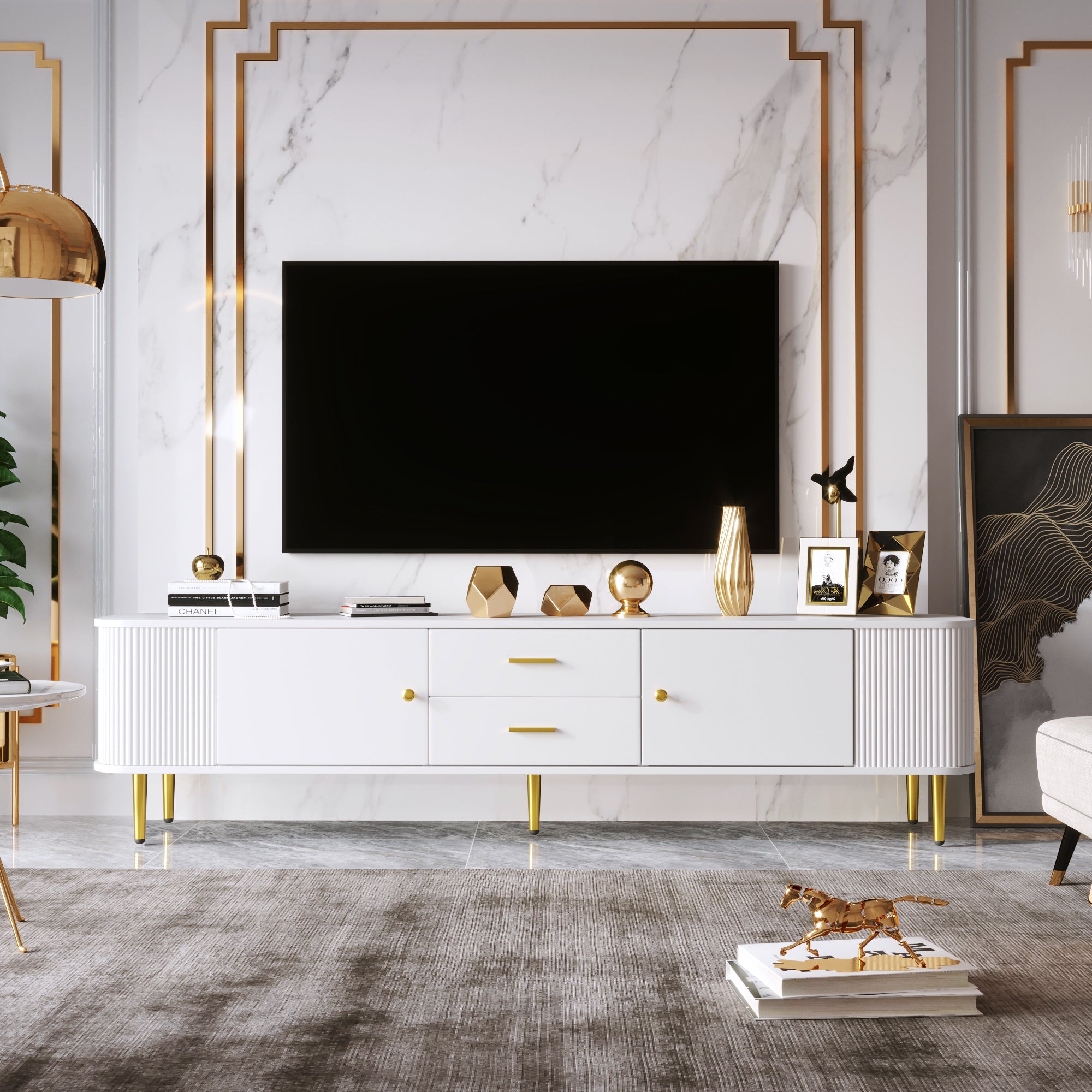TV Cabinet, Curved Corners Wavy Sides Drawers, Gold Handles and Legs