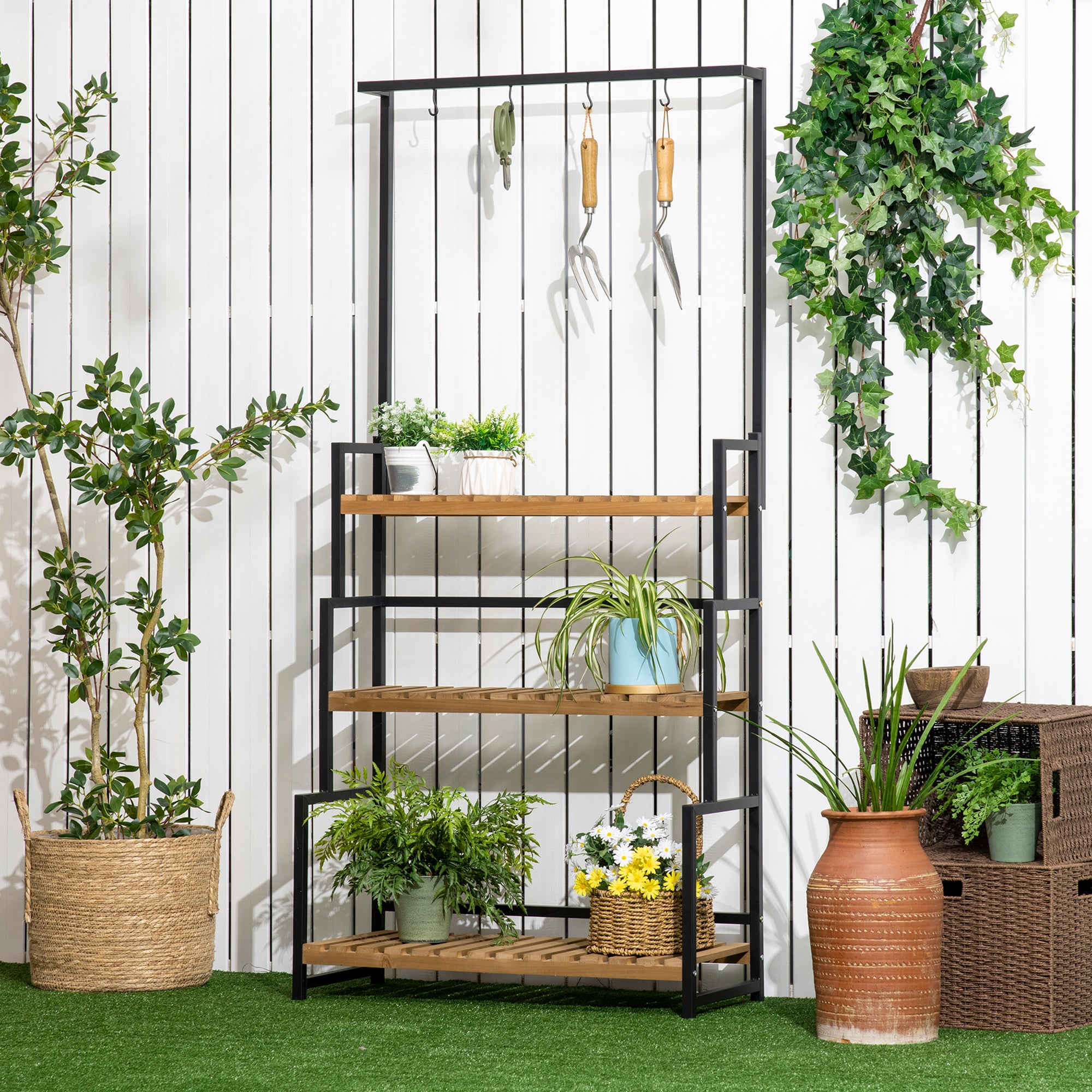 3 Tiered Plant Stand with Hanging Hooks, Indoor Outdoor Flower Rack Shelf