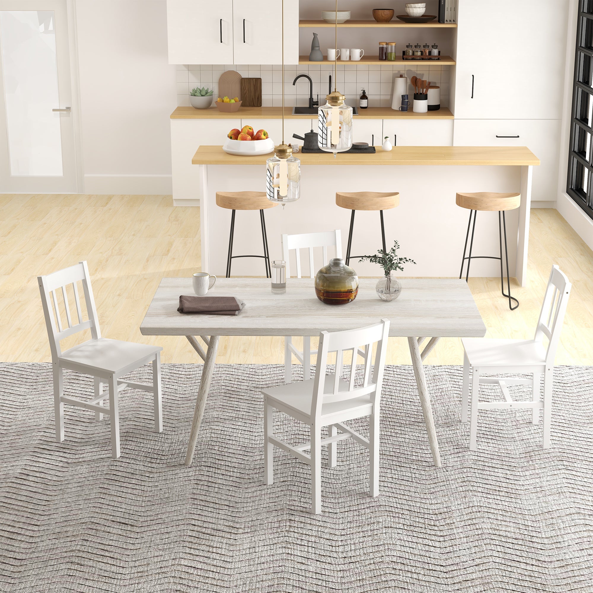 Dining Chairs Set of 4 Modern Kitchen with Backrest, Pine Wood White