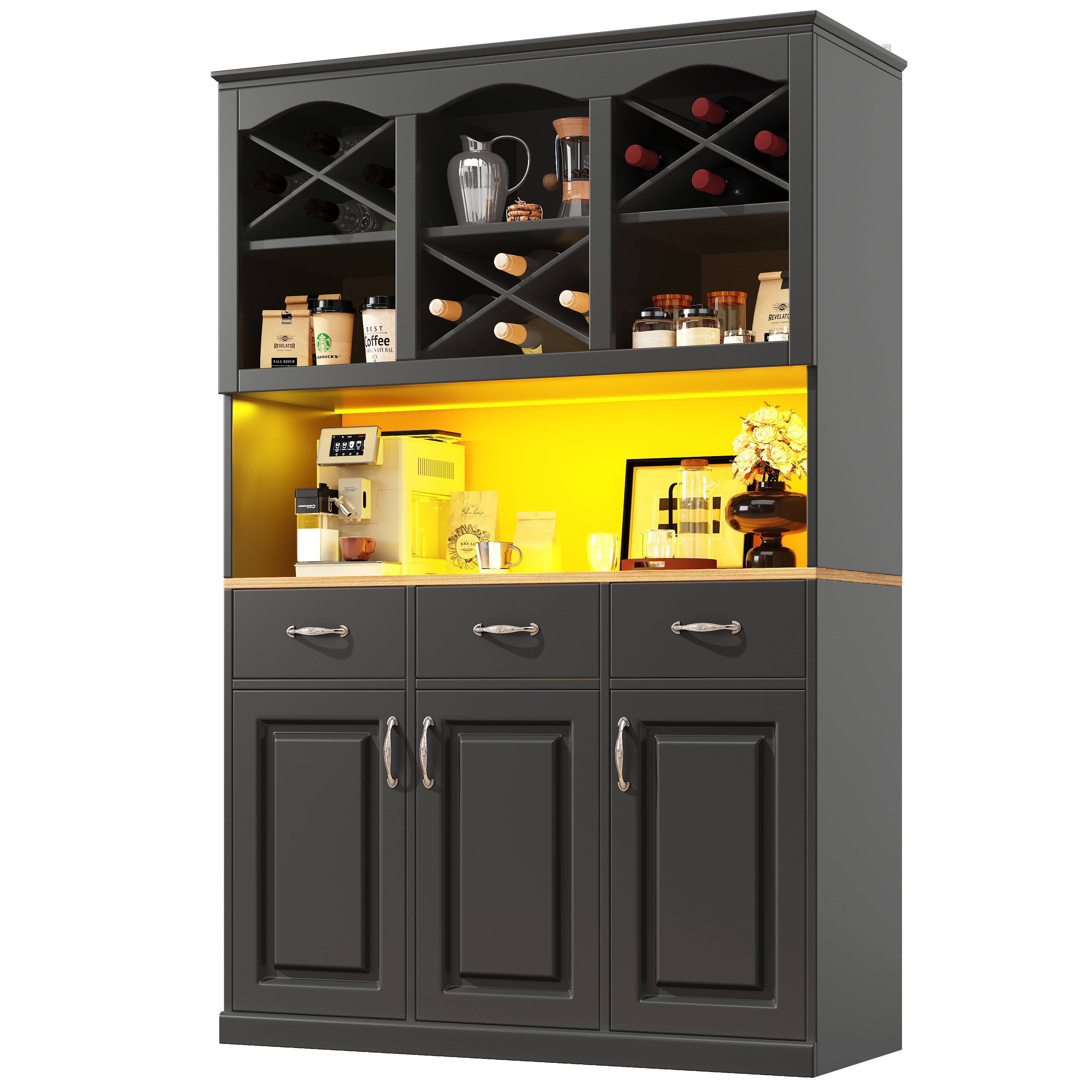 Kitchen Cabinet Tall Buffet 120cm 3 Doors 3 Drawers LED Black