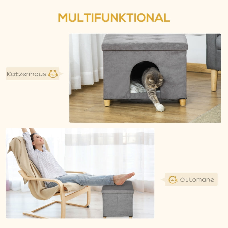 PawHut 2-in-1 Cat Cave Footstool with Cushion, Cat House, Cat Basket, Plush Grey