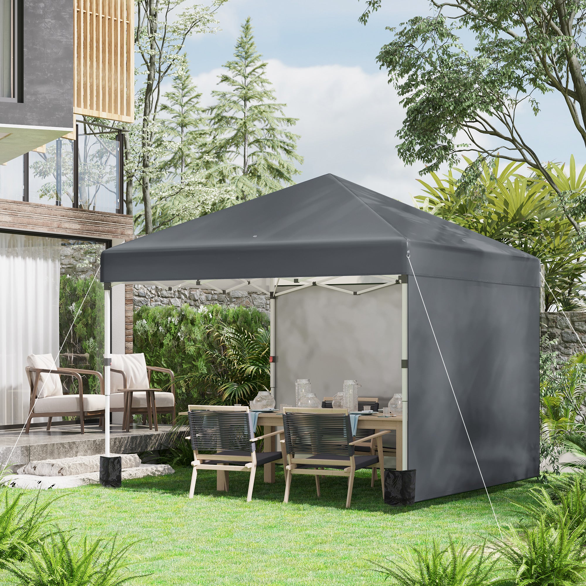 Folding Pavilion 2.97x2.97m with Sidewalls, UV Protection, Sandbag - Dark Grey Steel