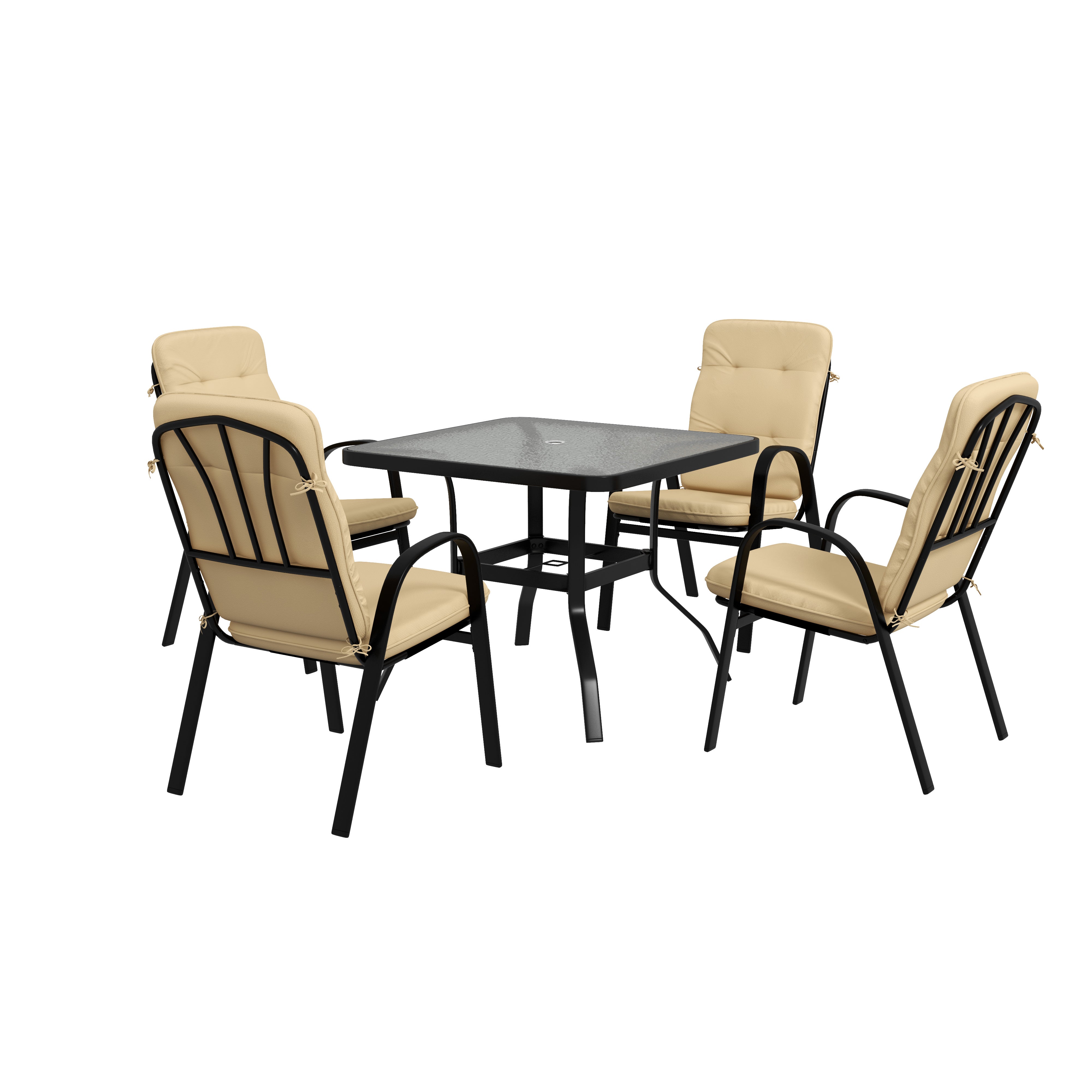 5 Piece Outdoor Square Dining Set with Tempered Glass Table and 4 Cushioned Chairs, Beige
