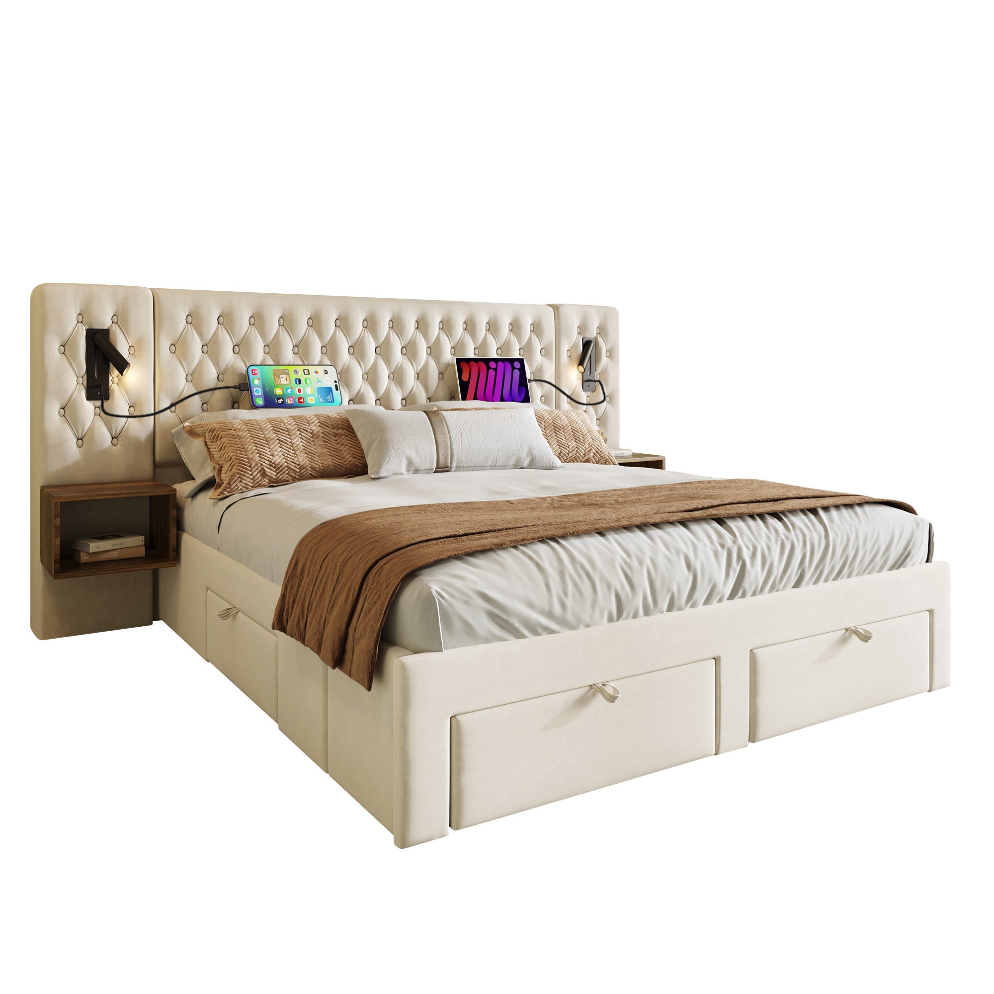Bedroom Set, Upholstered Double Bed 180x200cm with 2 Nightstands, 4 Drawers, Headboard Reading Light, USB Charging, Beige Velvet