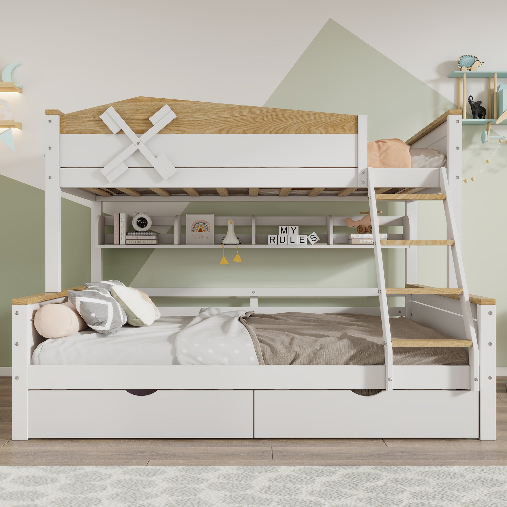 Bunk Bed with Windmill, Shelves & Drawers, Pine + MDF, White + Natural
