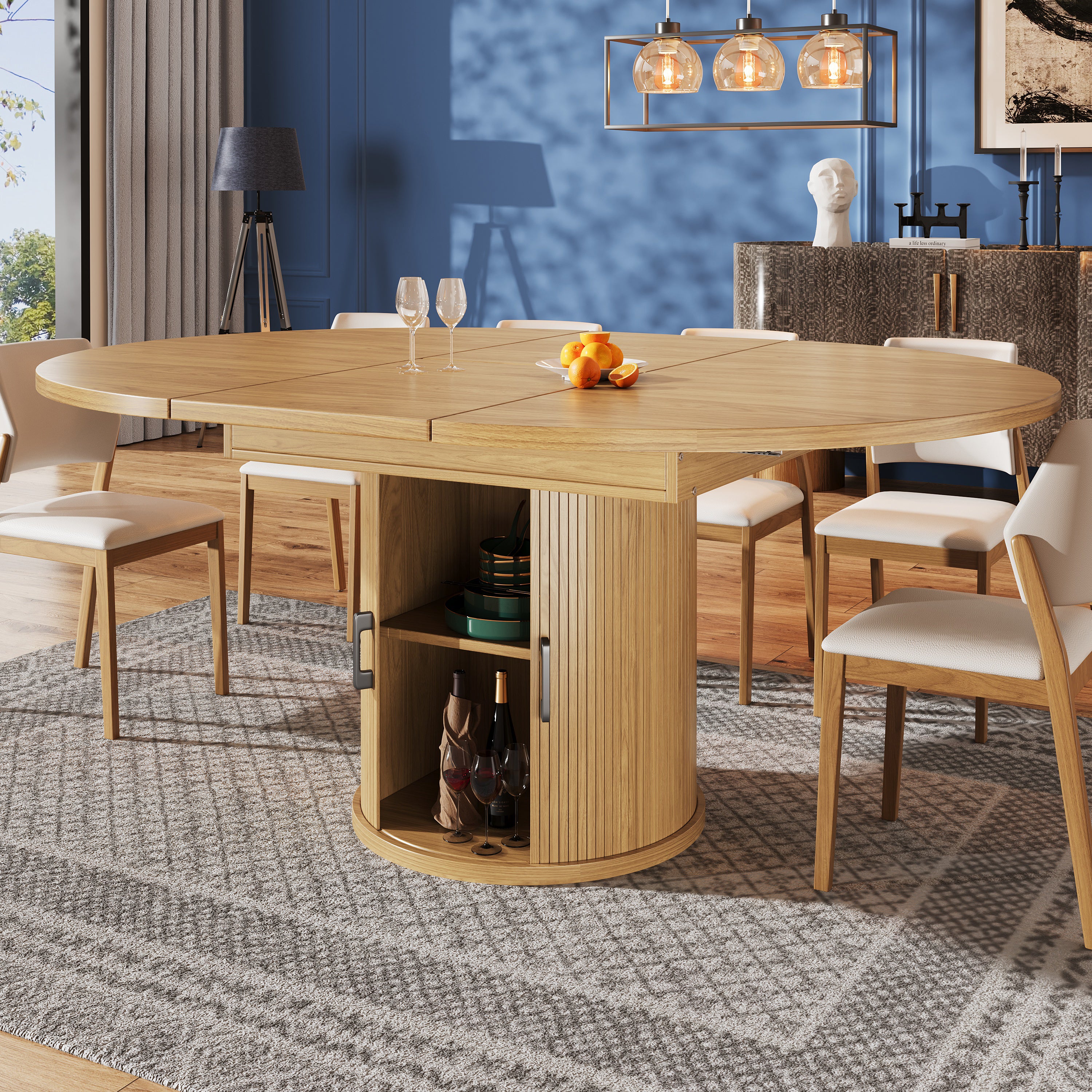 Extendable Round Dining Table, Oval Extension for 6 People, Wood Color