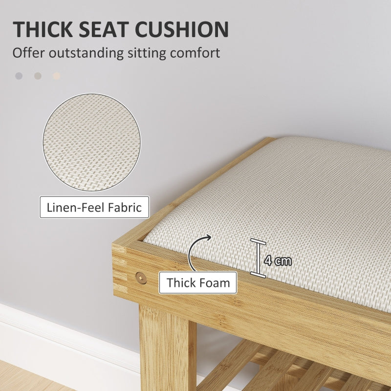 Bamboo Shoe Storage Bench, 3-Tier with Seat Cushion, Cream White