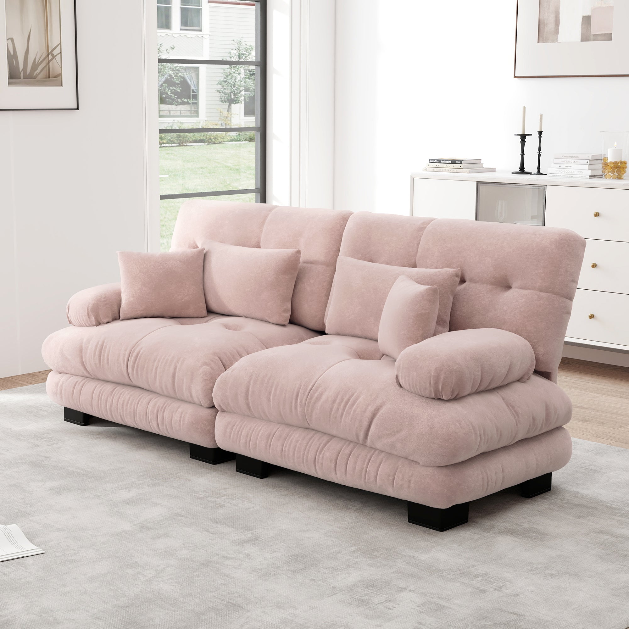 Cloud Corner Sofa, Double with Lumbar & Decorative Cushions, Chenille Pink