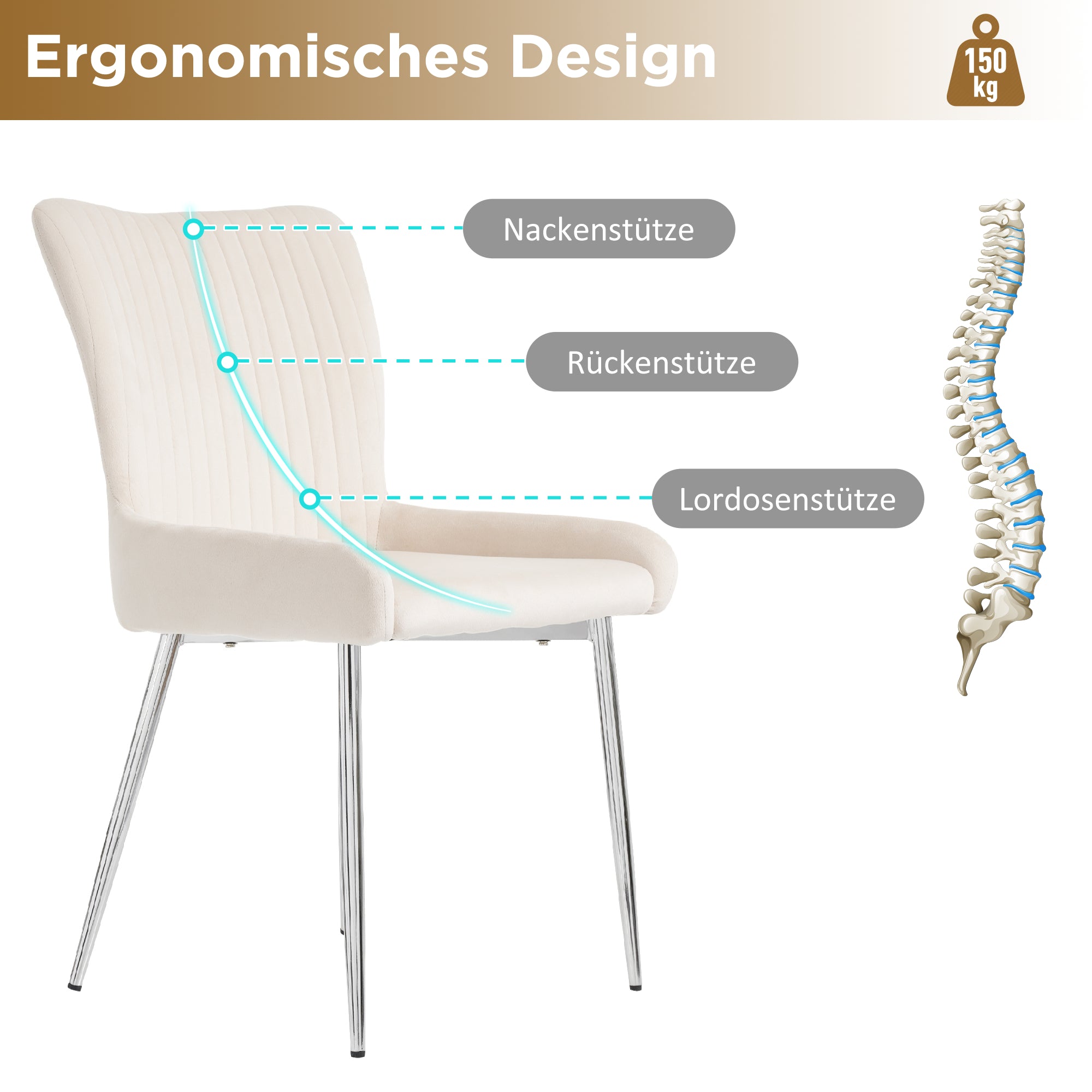 Velvet Dining Chair Set of 2 with Lumbar Support and Silver Metal Legs, Beige