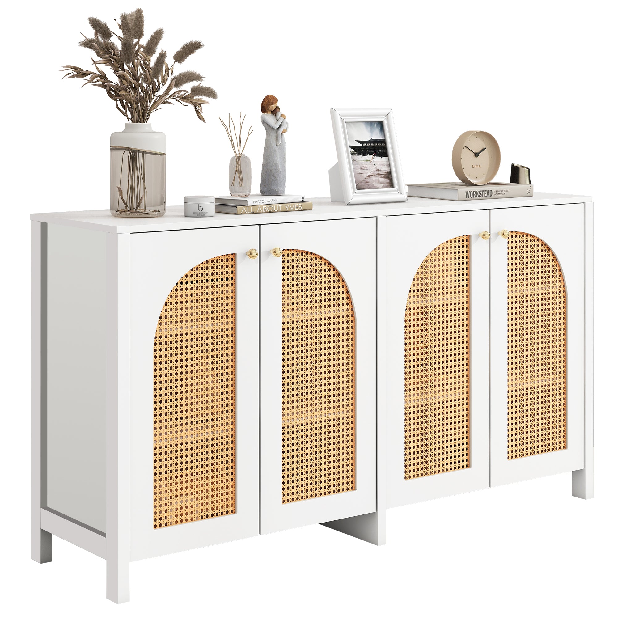 Sideboard, 4 Rattan Doors with Metal Handles, White