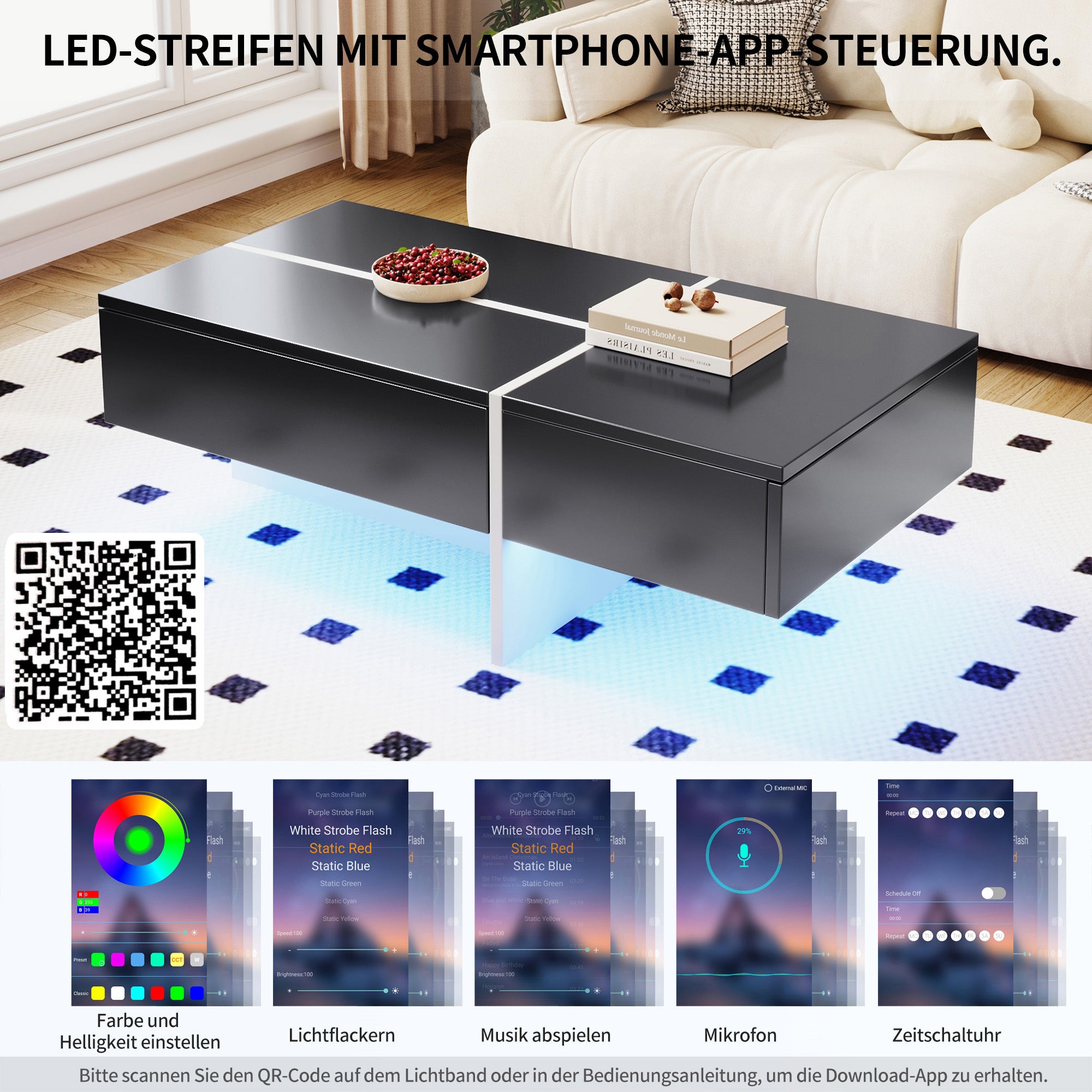 Coffee Table, High-Gloss Colorblock Structure, 100x50x34.5cm, Black and White