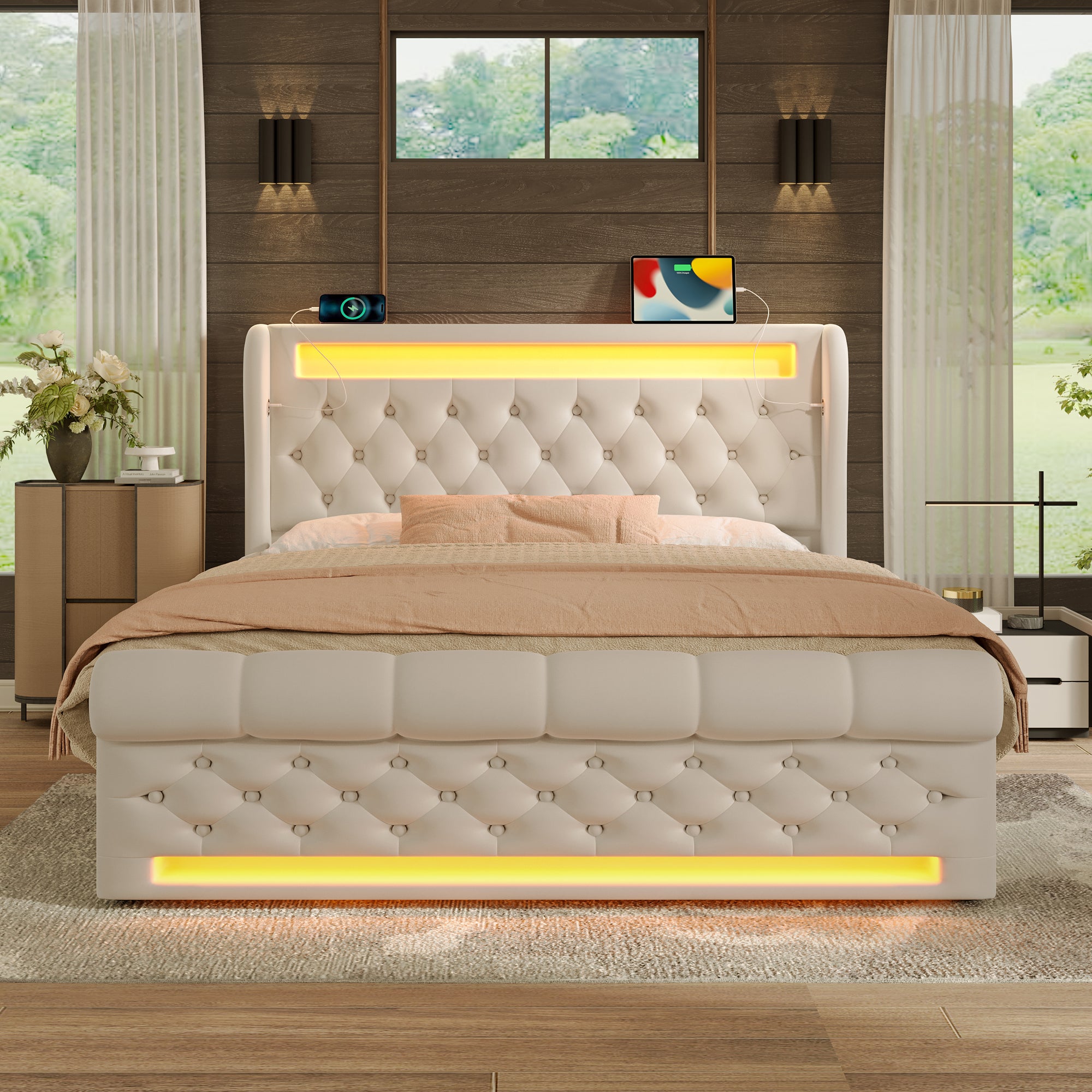 Upholstered Double Bed 140x200cm, LED Lights, Storage Headboard with USB & Type-C, Hydraulic Storage, Beige Velvet