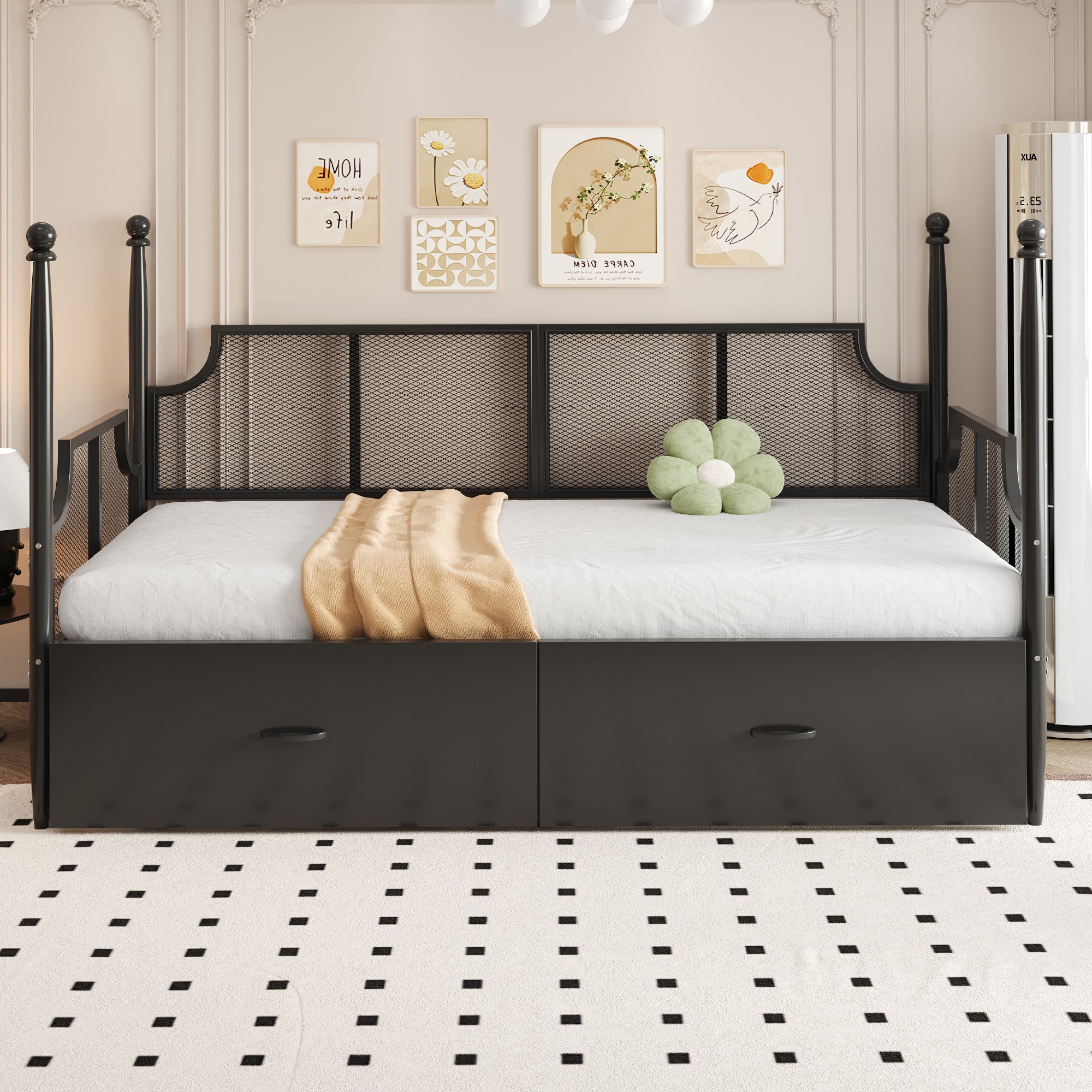 Iron Sofa Bed 90x200, Vintage Mesh with Storage, Black