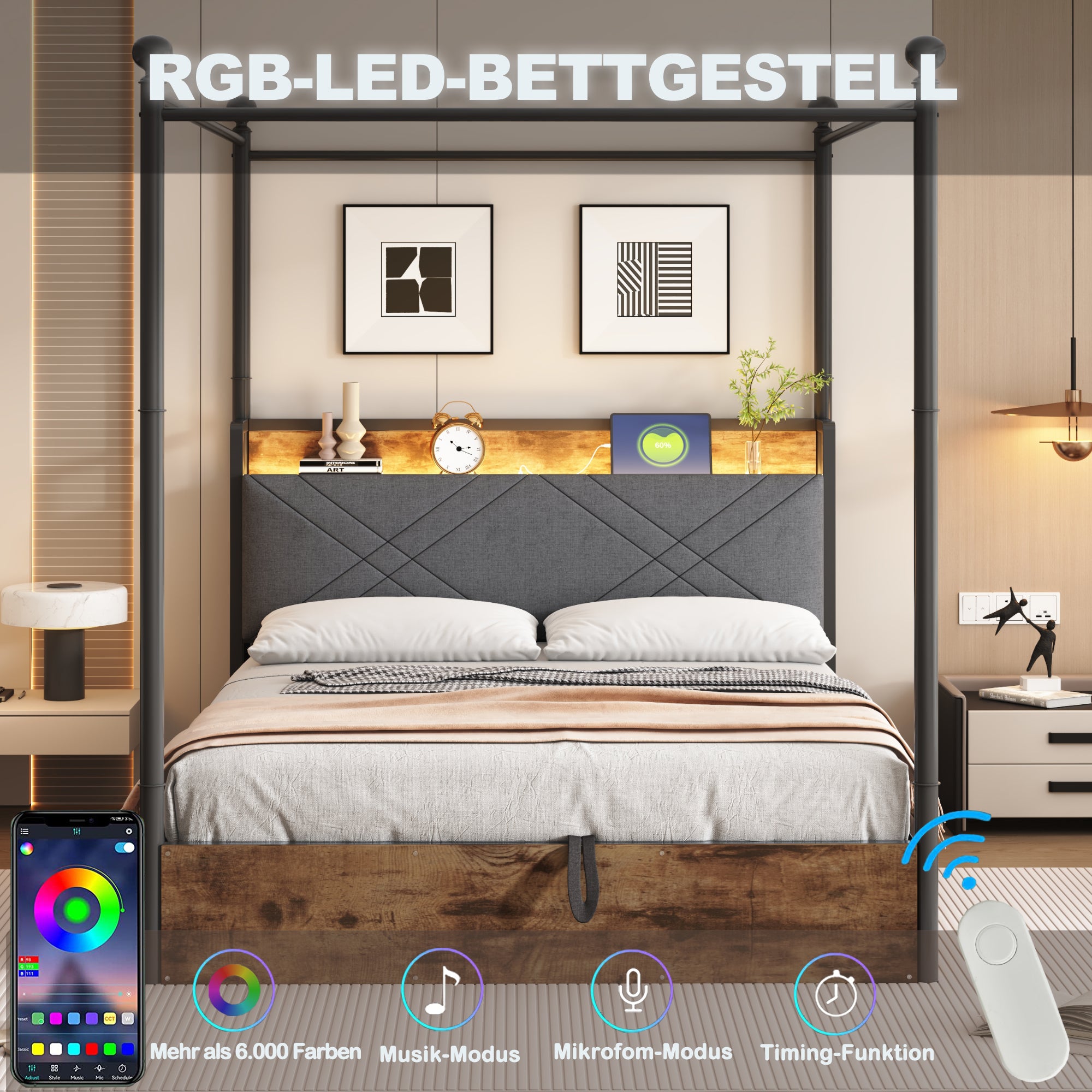 Wrought Iron Double Bed, Hydraulic Storage Canopy LED USB, Black