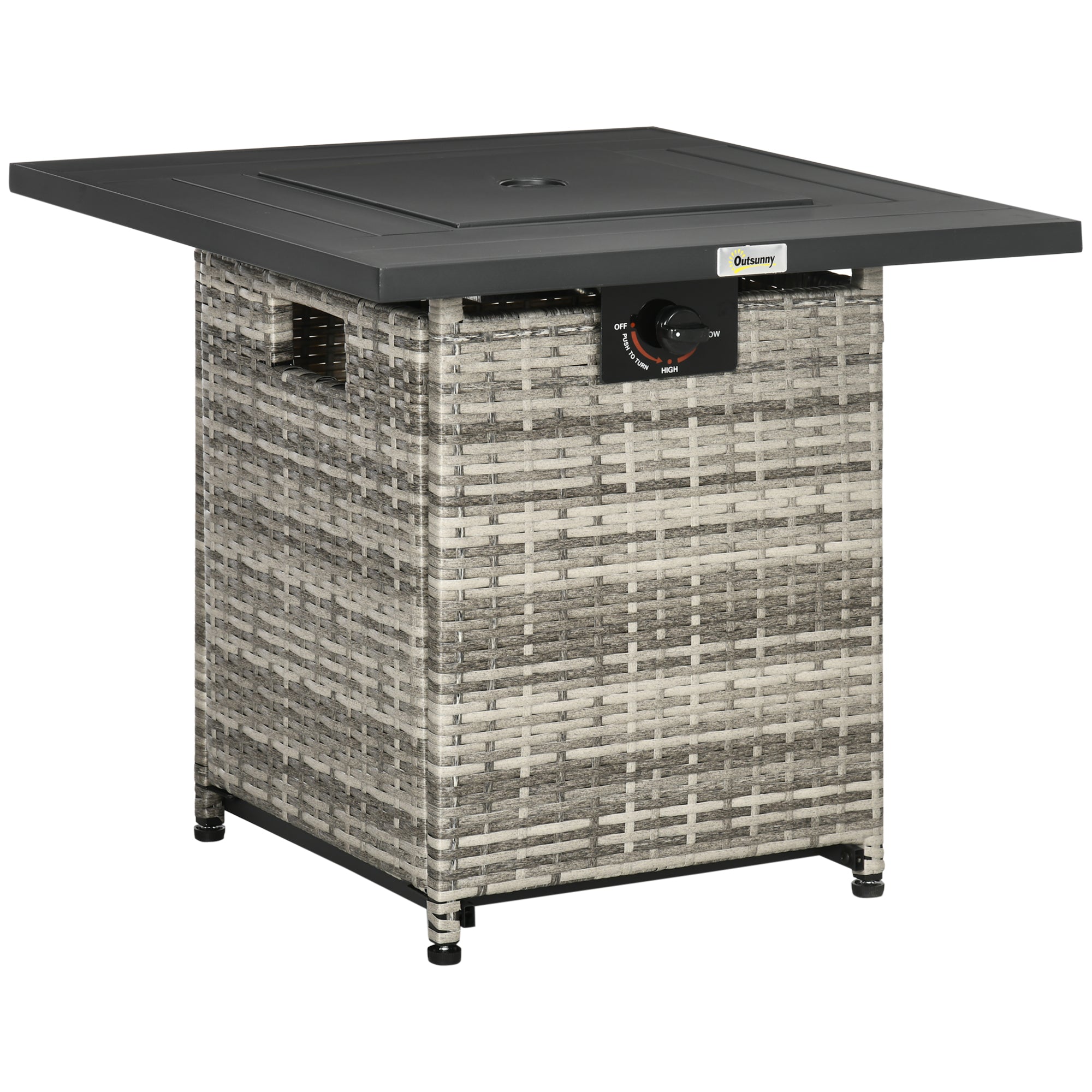 Outdoor PE Rattan Gas Fire Pit Table, Square Propane Heater 40,000 BTU, Mixed Grey