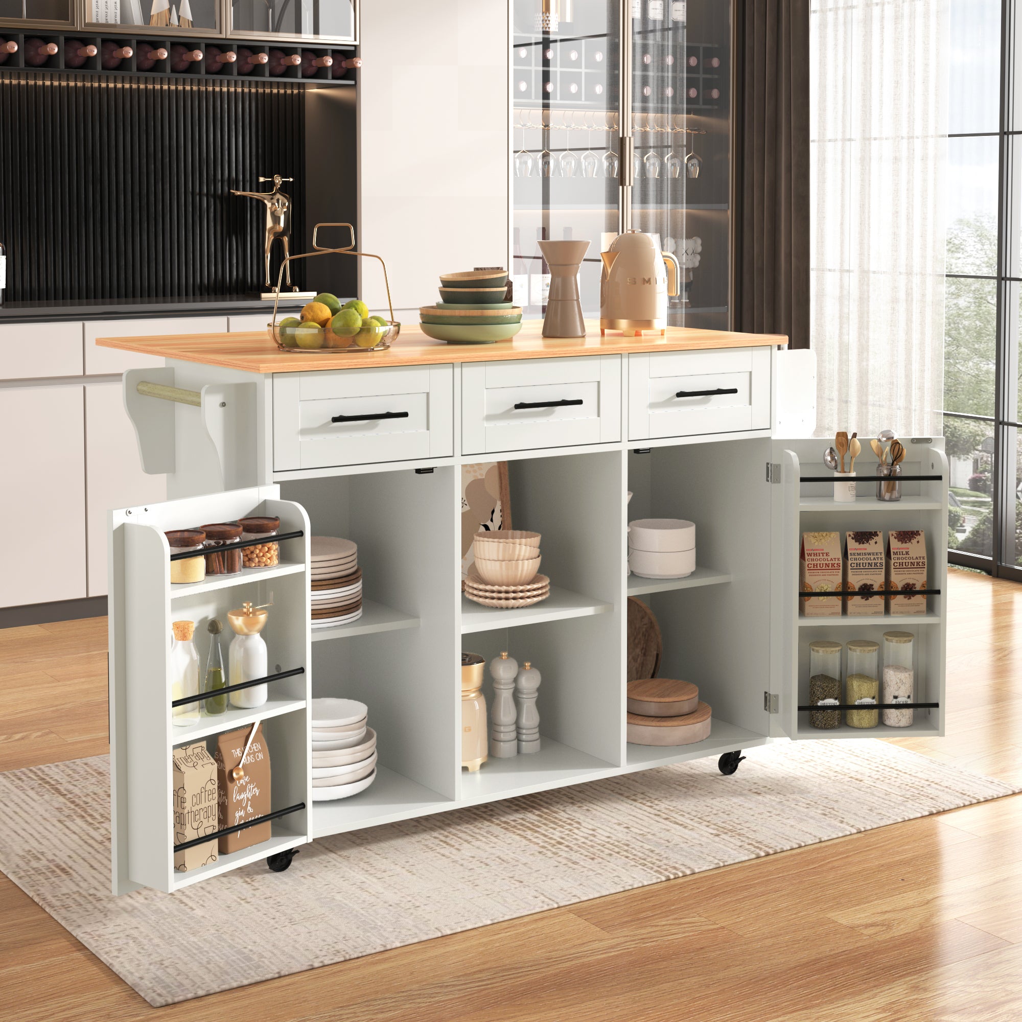Dining Cart Sideboard 139cm Folding Worktop Storage on Wheels - White/Wood