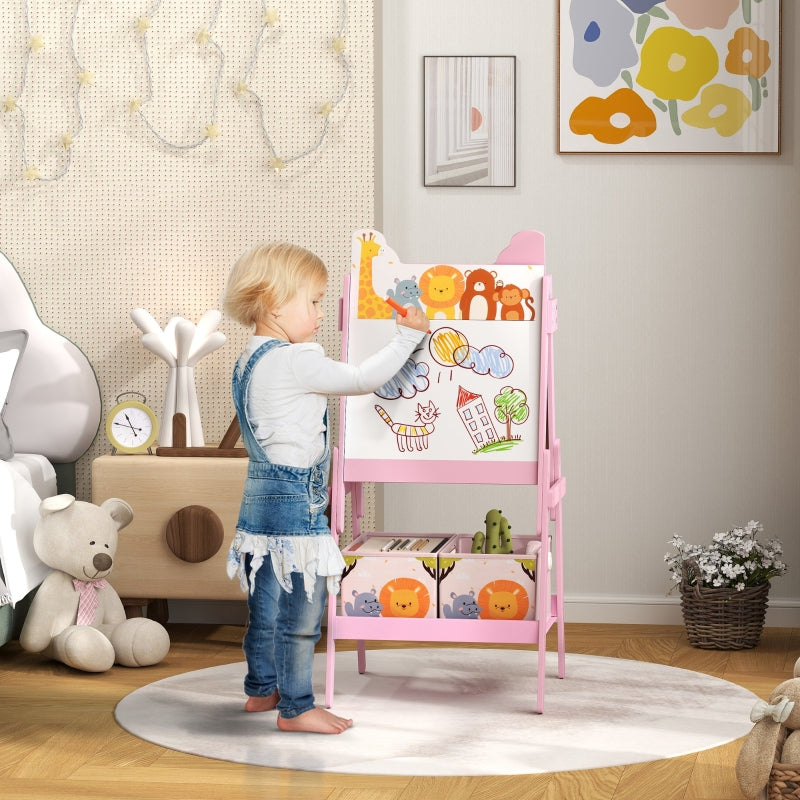 2 in 1 Kids Easel Whiteboard Chalkboard Storage Boxes Pink