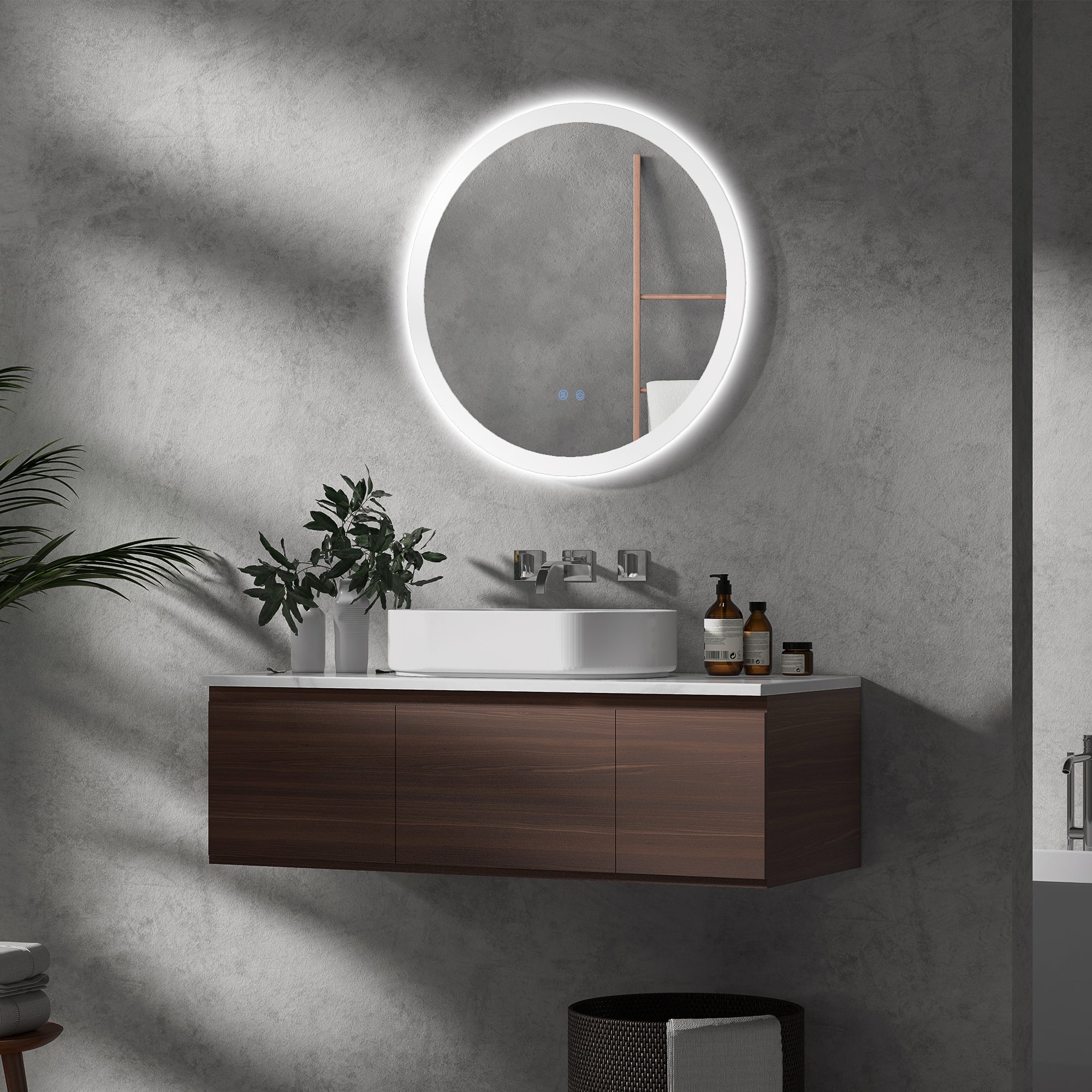 Illuminated Bathroom Mirror, Ø70 cm, 3 Light Colors, IP44, Anti-Fog, Wall Mirror