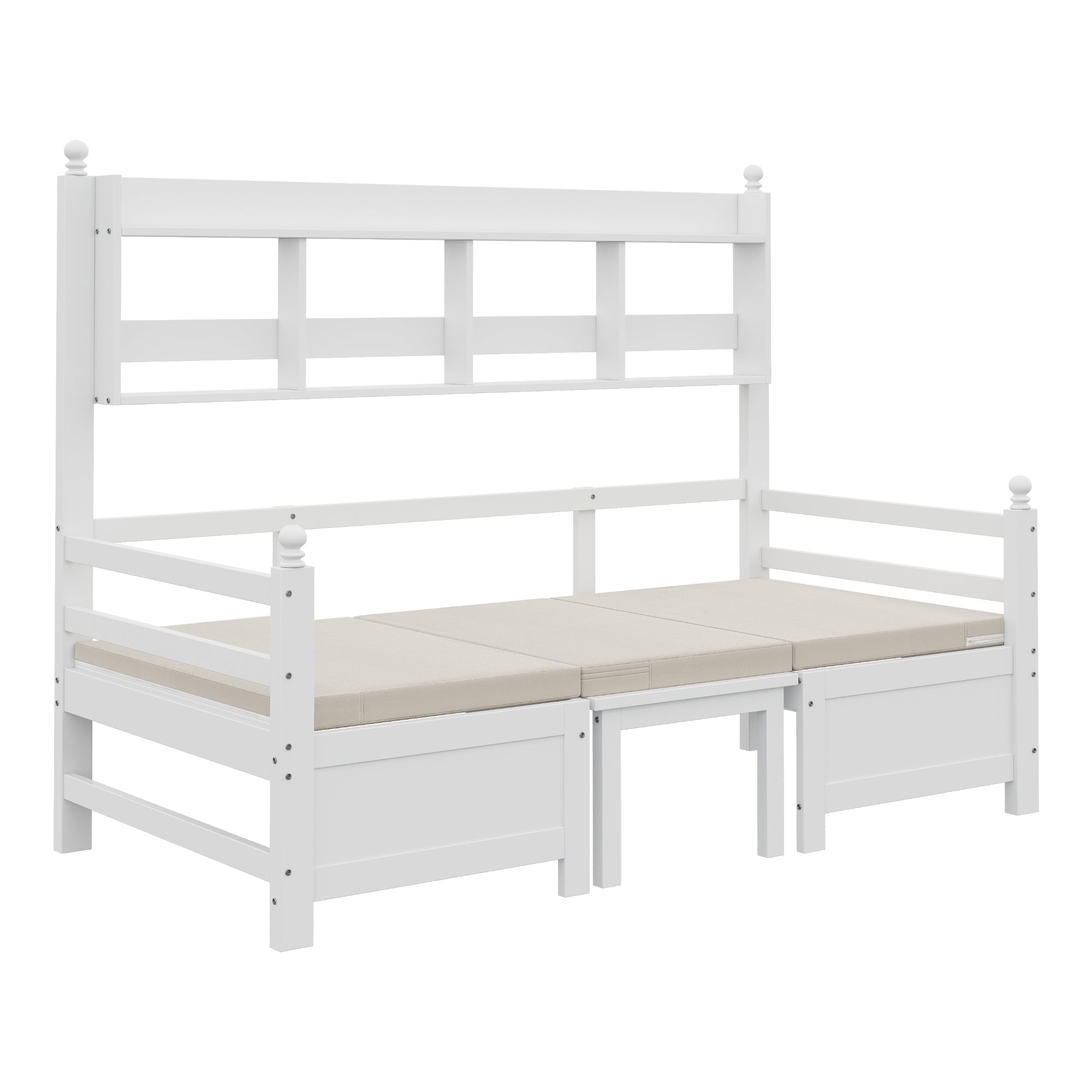 Sofa Bed, Multifunctional 2-in-1 Bed & Desk with Bookshelf & Pillows, Solid Wood White