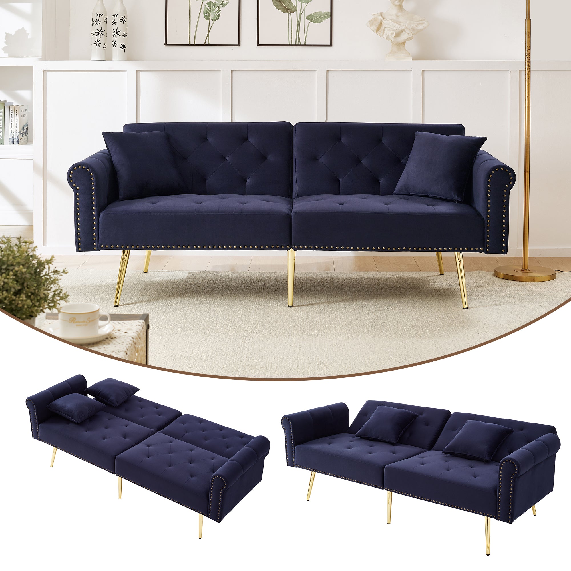 Sofa Bed, Modern 2-Seater, 3-Level Adjustable Backrest, Velvet