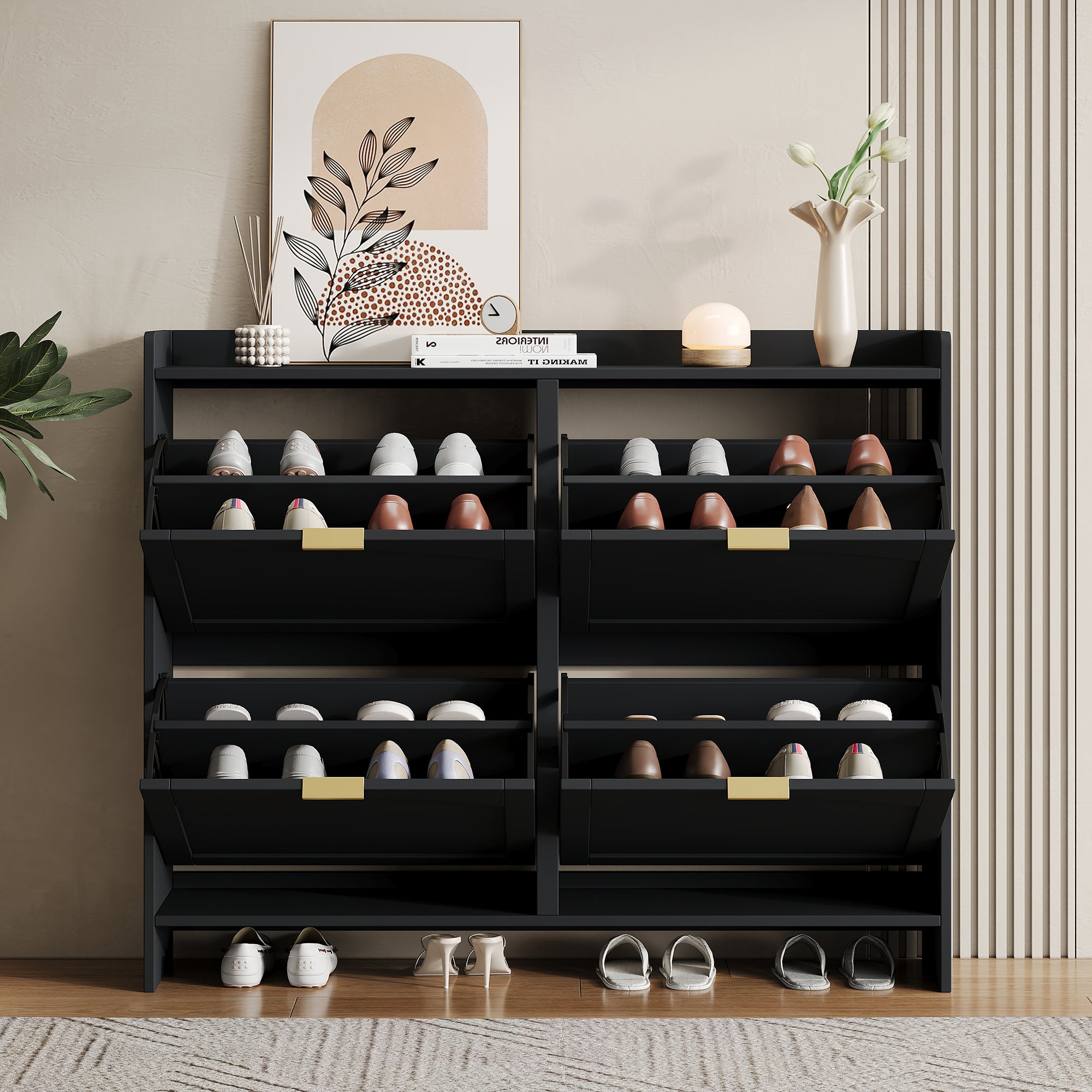 Shoe Cabinet 4 Drop-Down Compartments Open Shelves Entryway, Black
