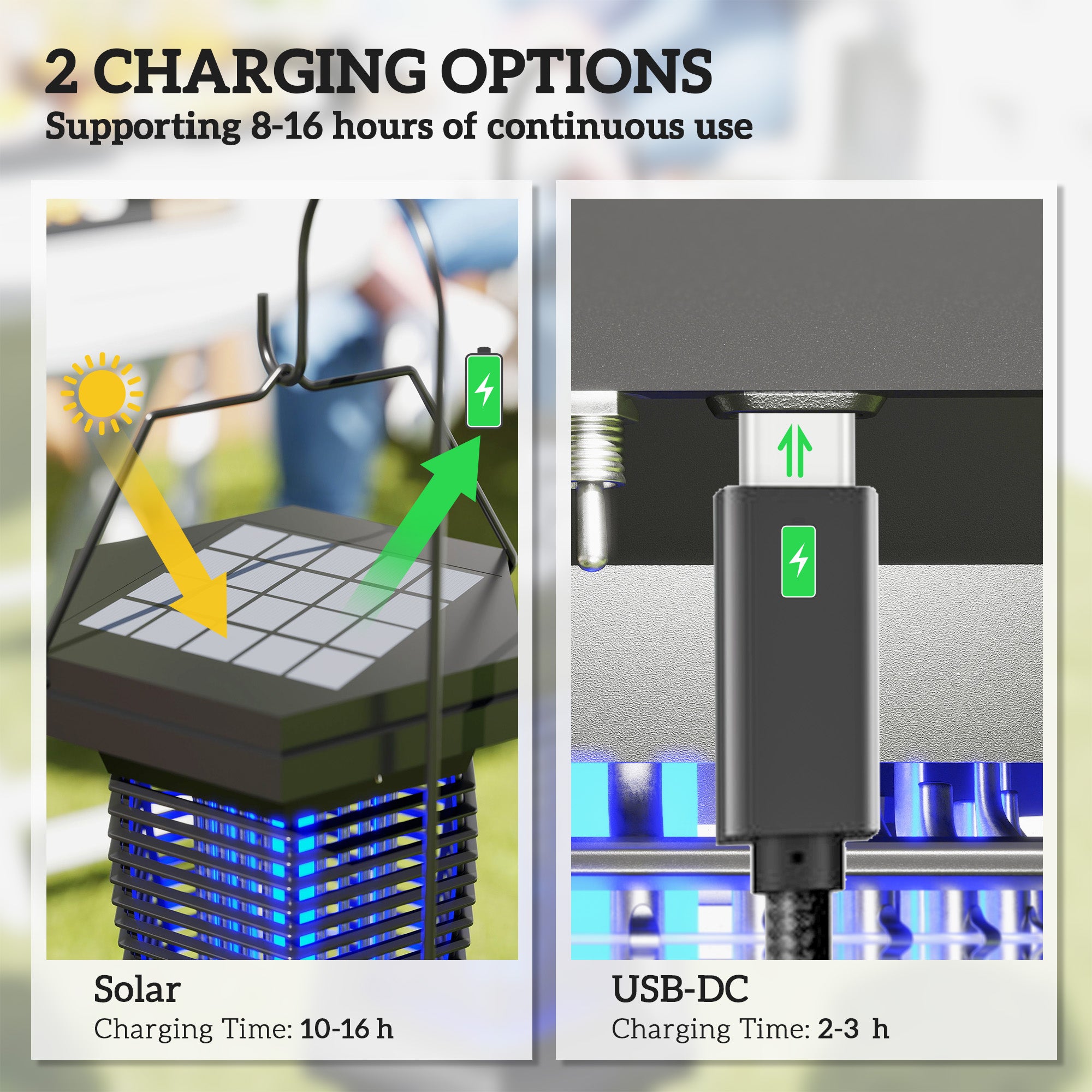 2-in-1 Electric Fly Zapper Garden Lantern, Solar/USB Rechargeable, Black