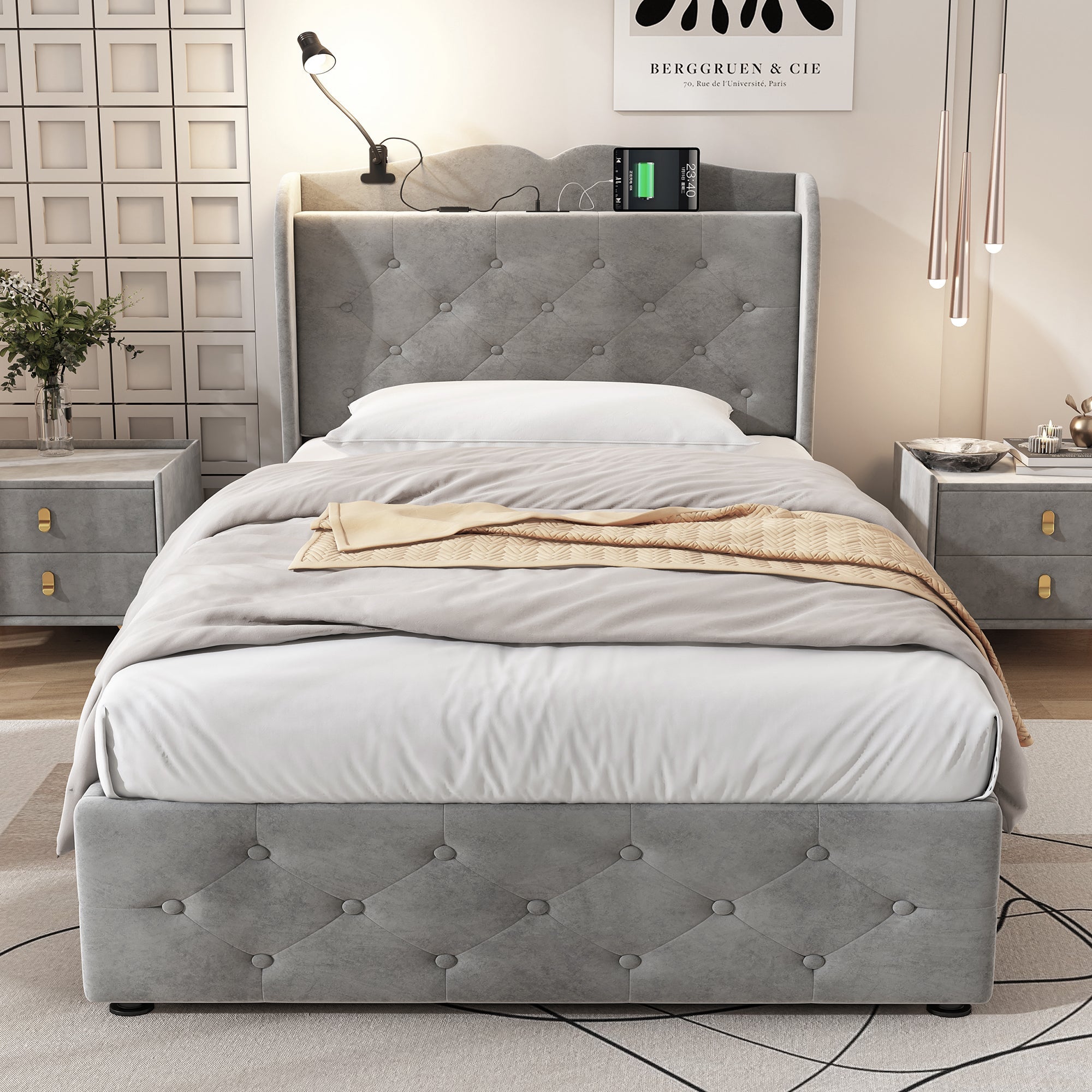 Upholstered Storage Bed, 3FT Single 90x190cm with 4 Drawers, Lamp, USB-A & USB-C Ports, Durable, Velvet Grey