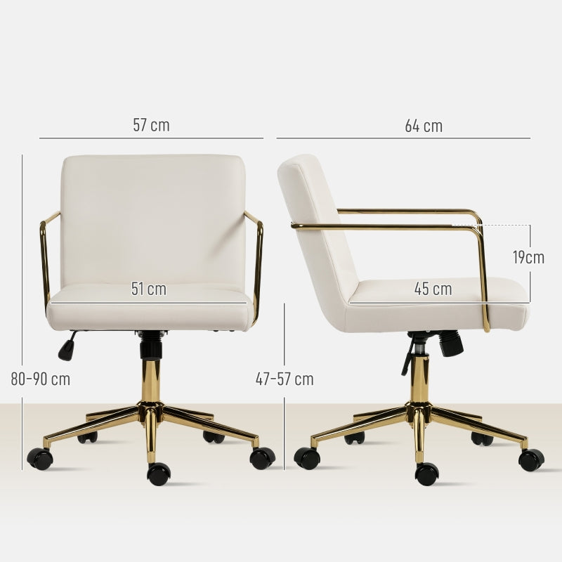 Rolling Office Chair Gold Accents Velvet Look Metal Base - Cream White