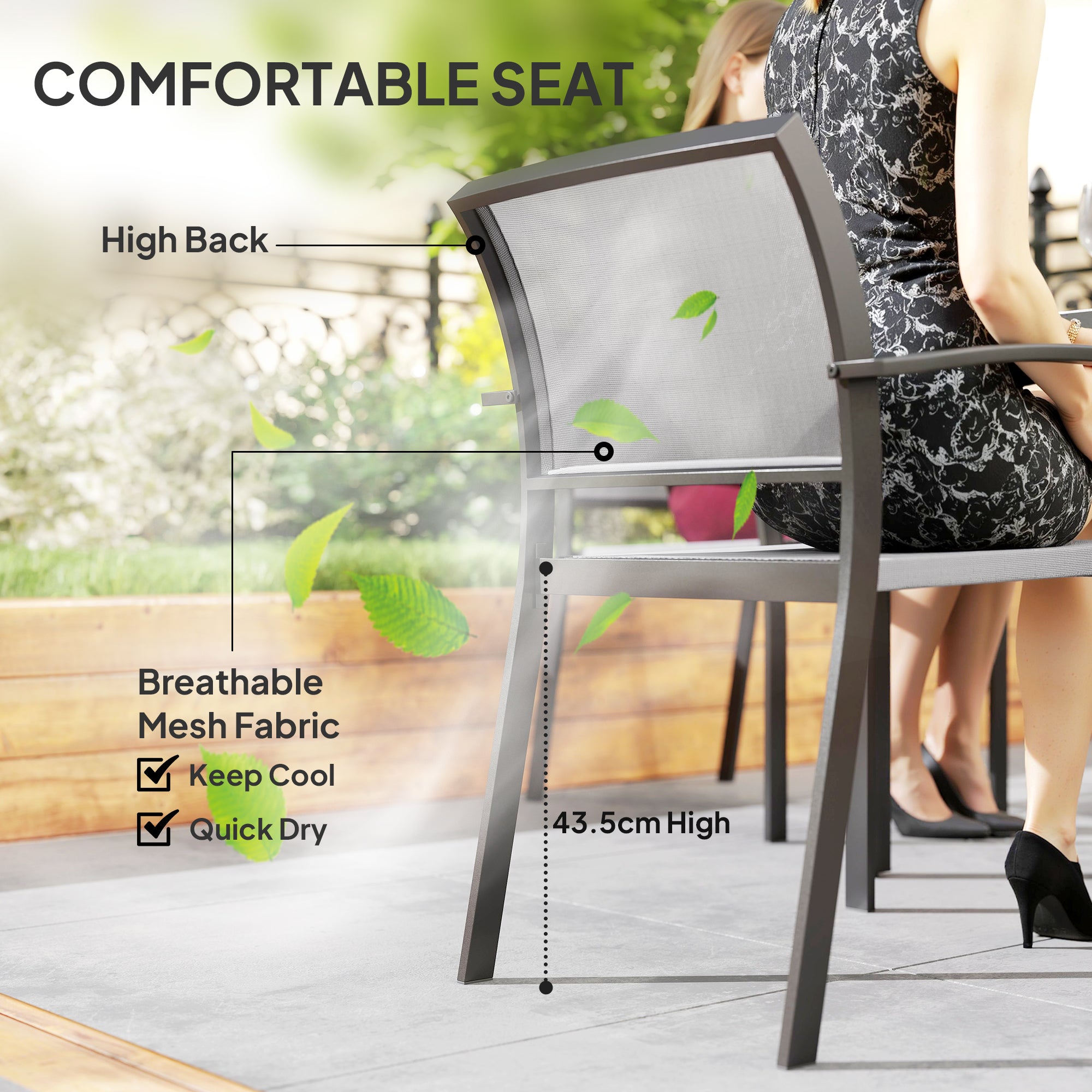 Five-Piece Outdoor Garden Dining Set, Square Table 4 Stackable Chairs, Grey