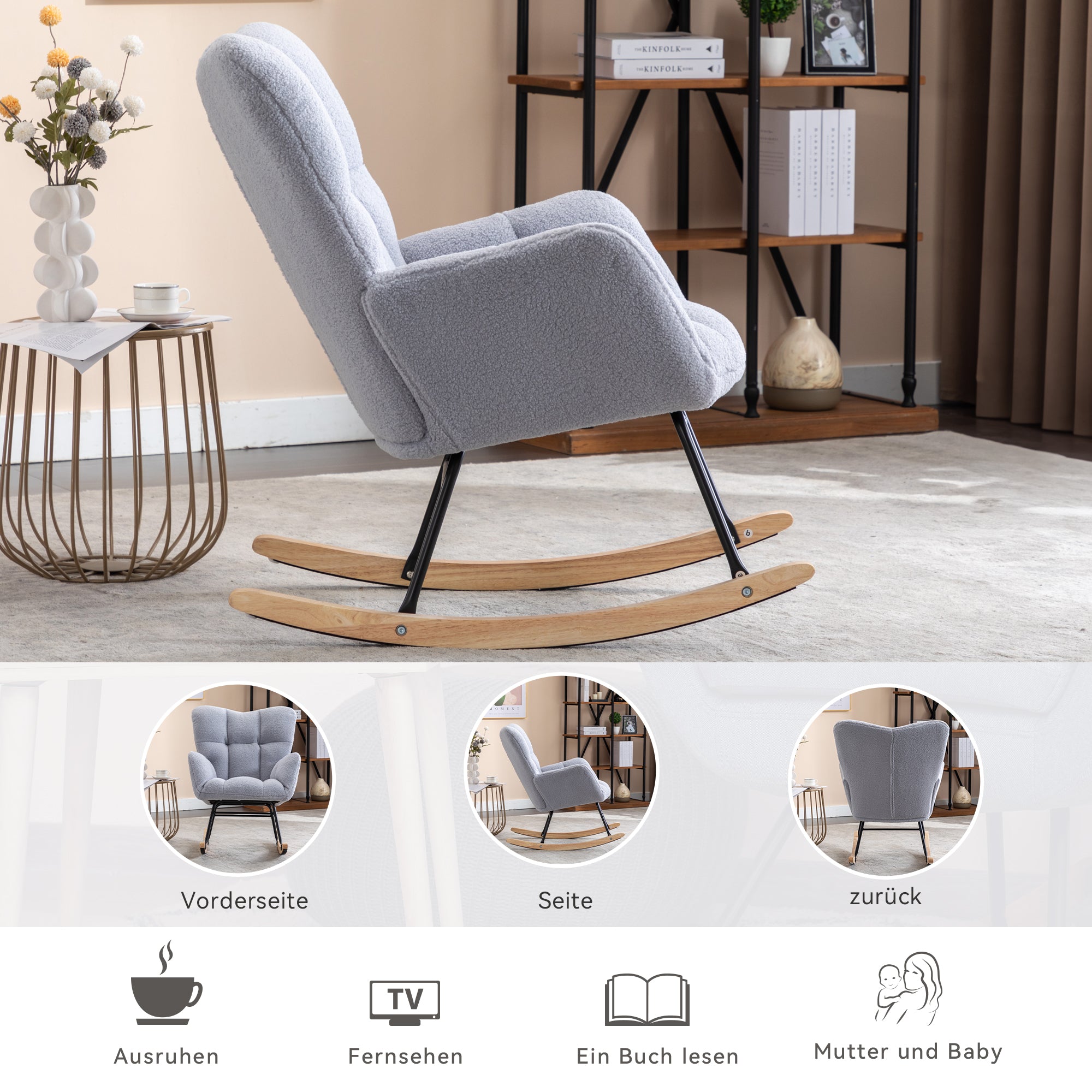 Mid century modern rocking chair with tufted cover and padded seat, light grey