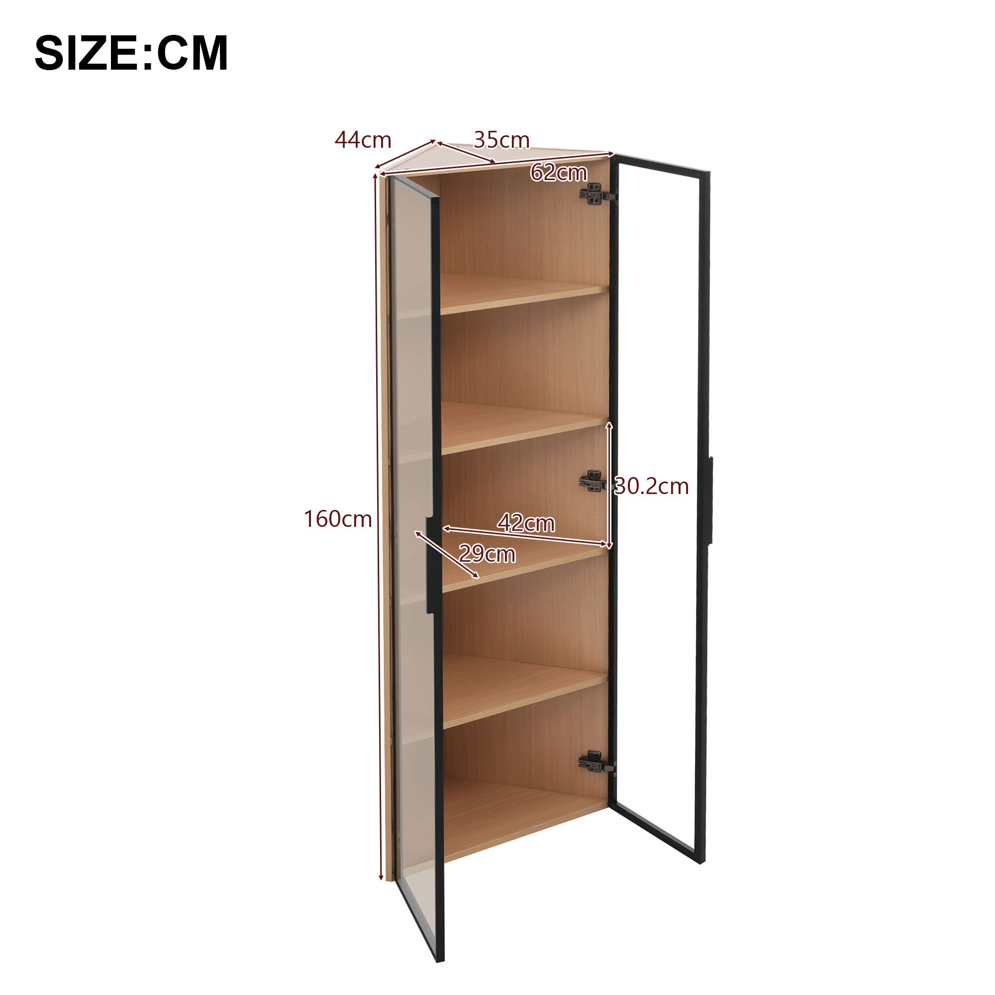 LED Glass Display Case 62x35x160cm Corner Cabinet with Light Strip, Tempered Glass, Oak