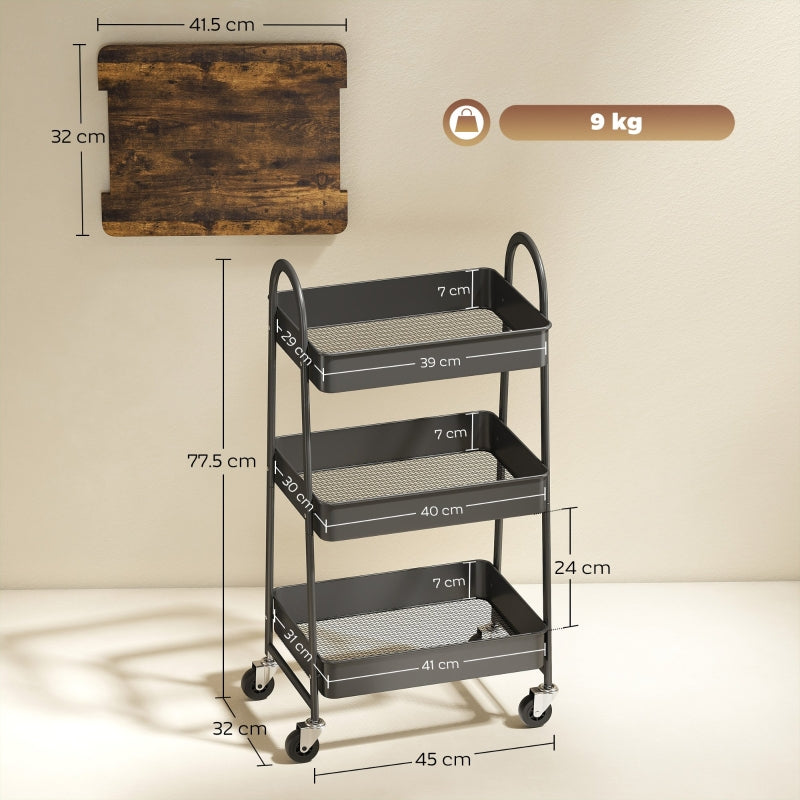 3-Tier Kitchen Storage Trolley with Wheels and Cover Top Board, Rustic Brown and Black