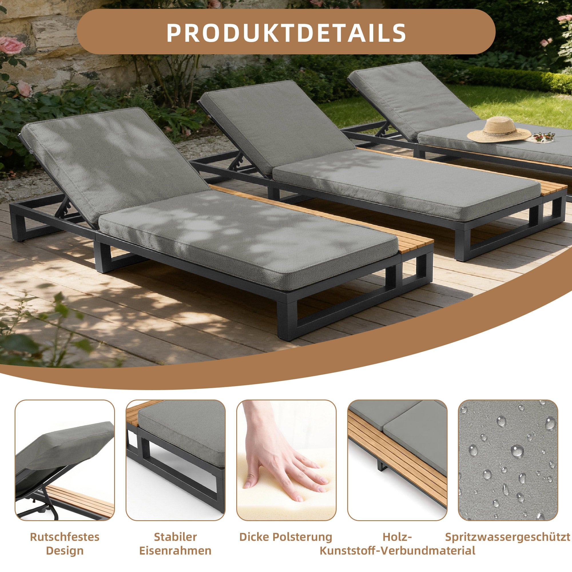 Outdoor Patio Daybed with Adjustable Backrest and Shelves, Waterproof, Gray