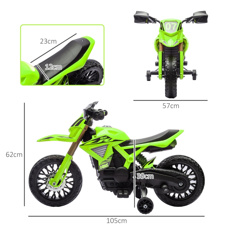 Electric Motorcycle for Children, 6V Battery Drive with Training Wheels and Sounds, Green