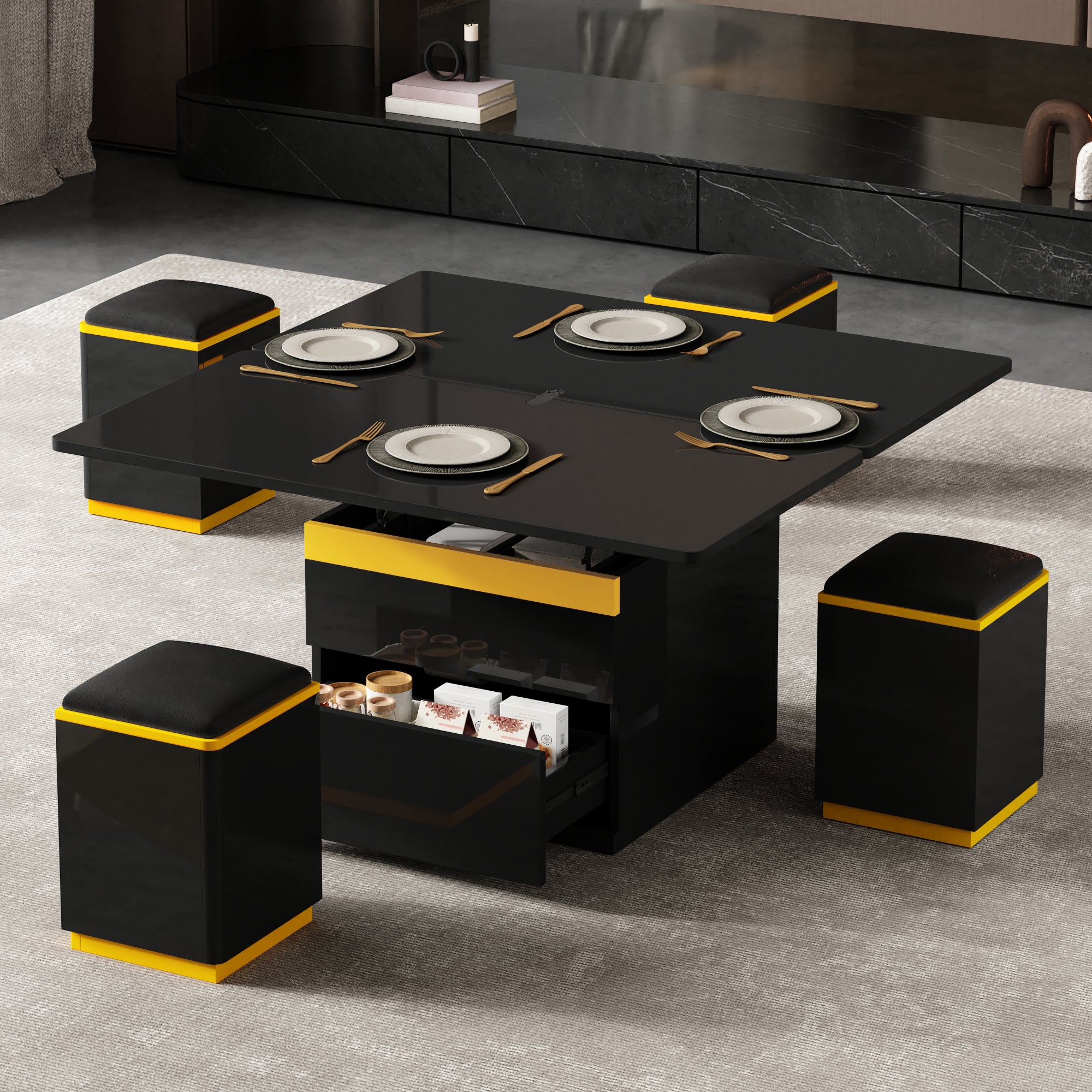 Coffee Table Multifunctional High-Gloss Height-Adjustable Foldable Dining 100x50x43cm - Black