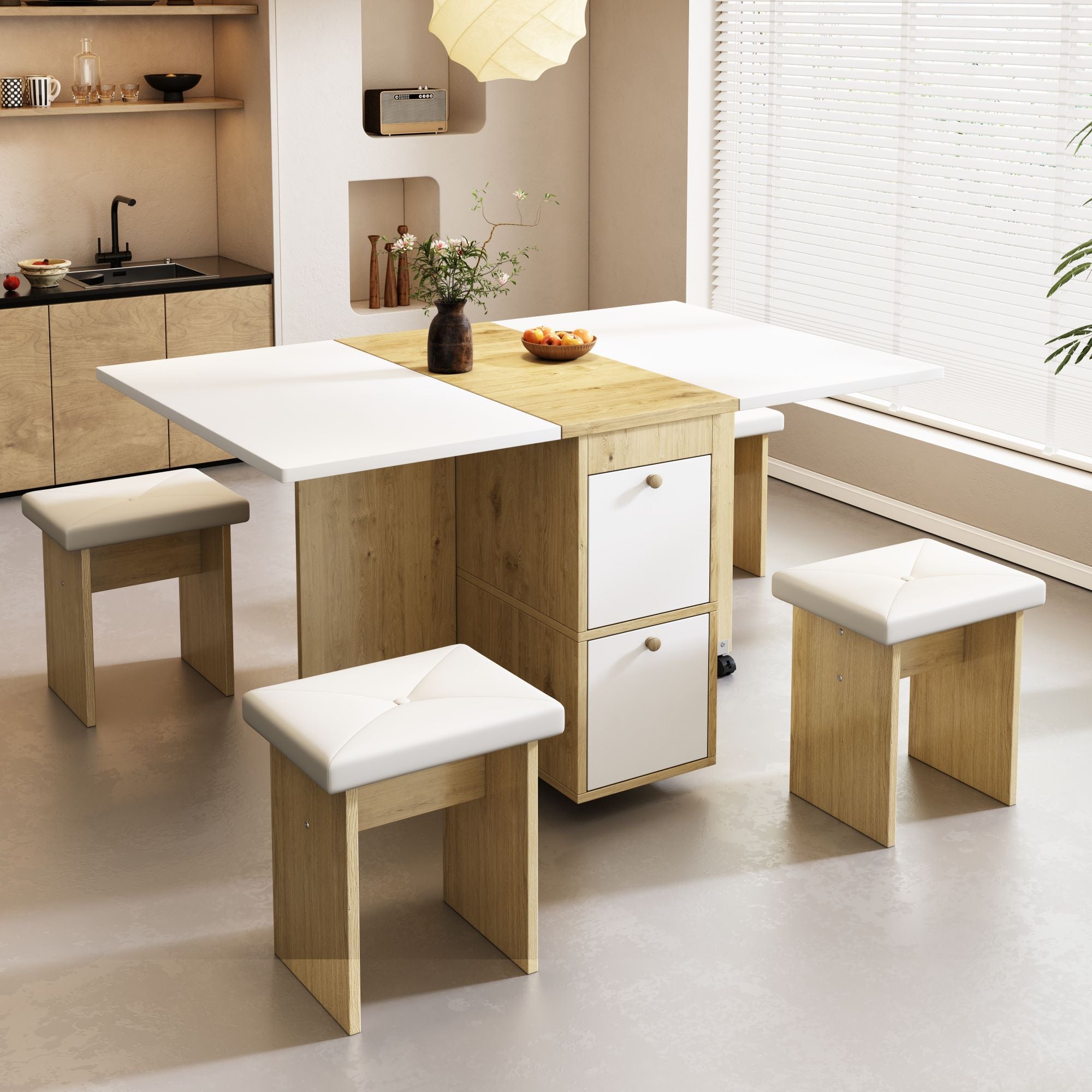 Dining Table Set, Folding & Extendable with 4 Chairs, 120x80x75cm, White + Oak