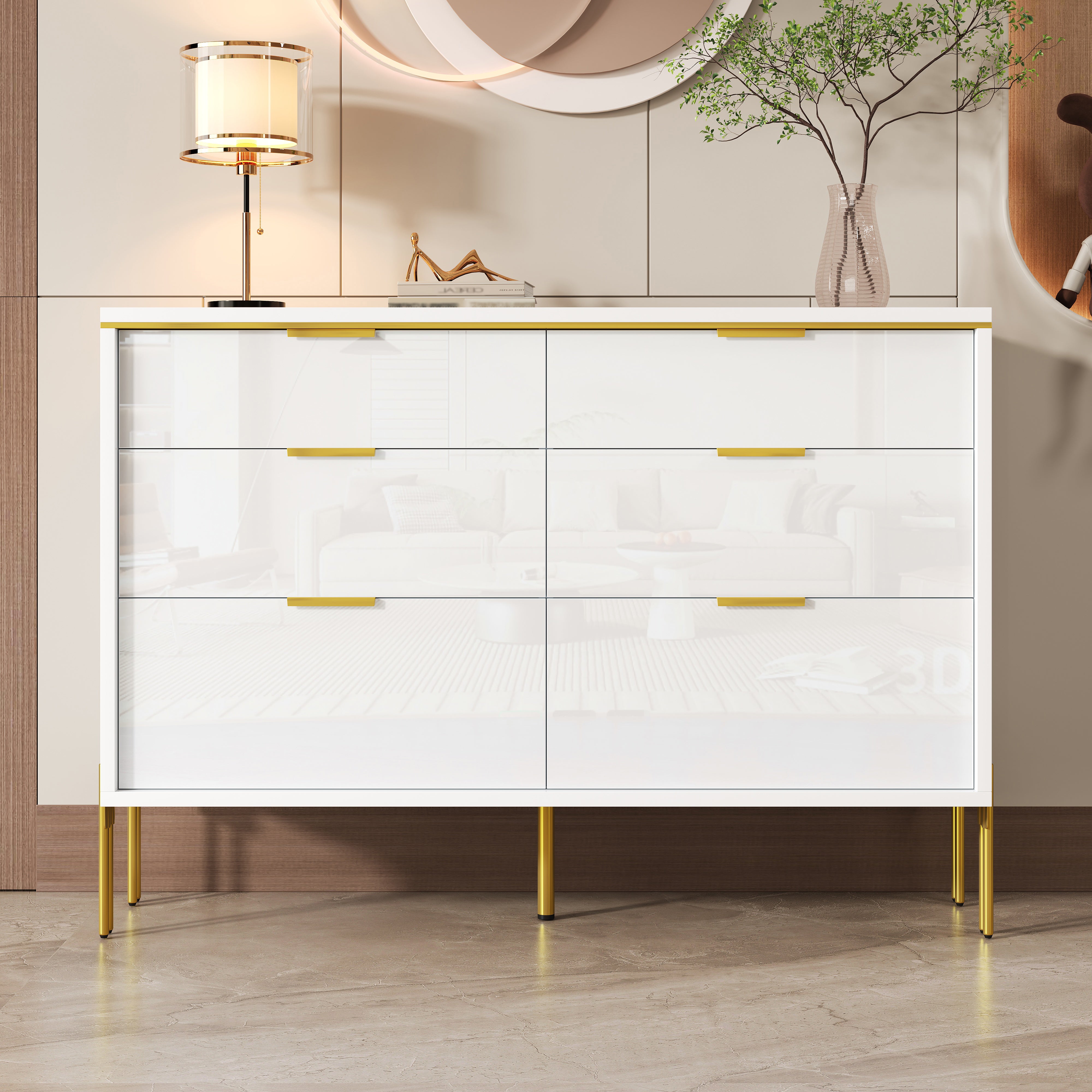 Modern Sideboard Cabinet 6 Drawers Large Storage High-Gloss White and Gold