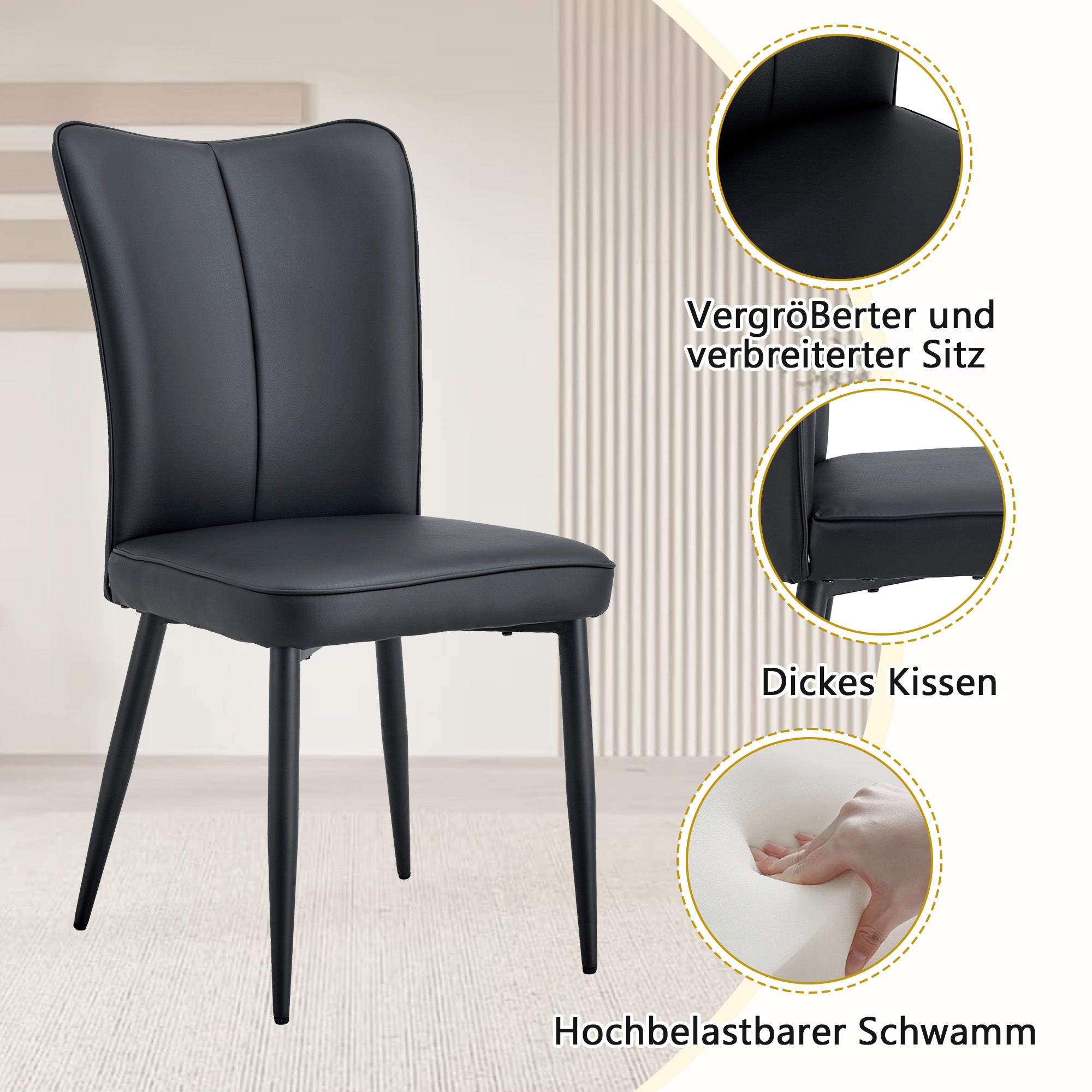 Dining Table Set, 160cm Rectangular with 4 Chairs & Storage, Black PU/Metal