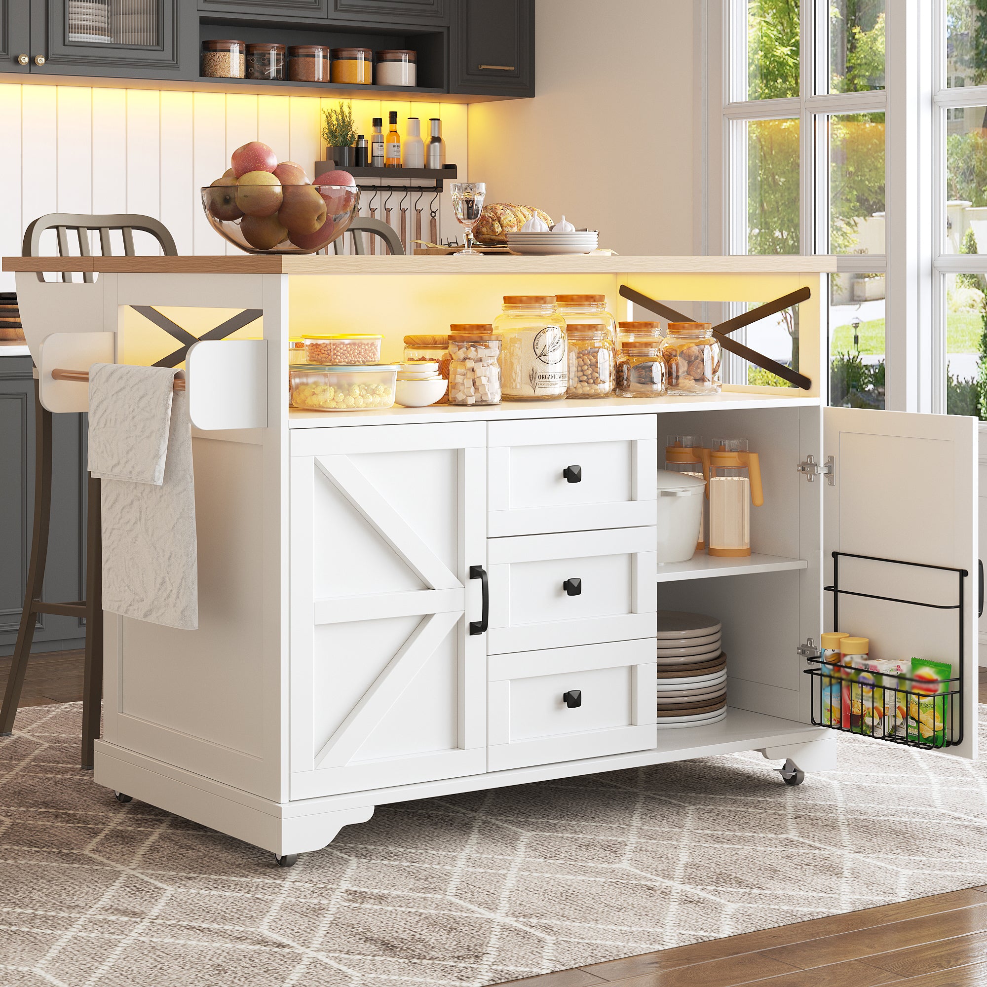 Kitchen Serving Trolley Folding Table LED Storage Cabinet - Mobile Island