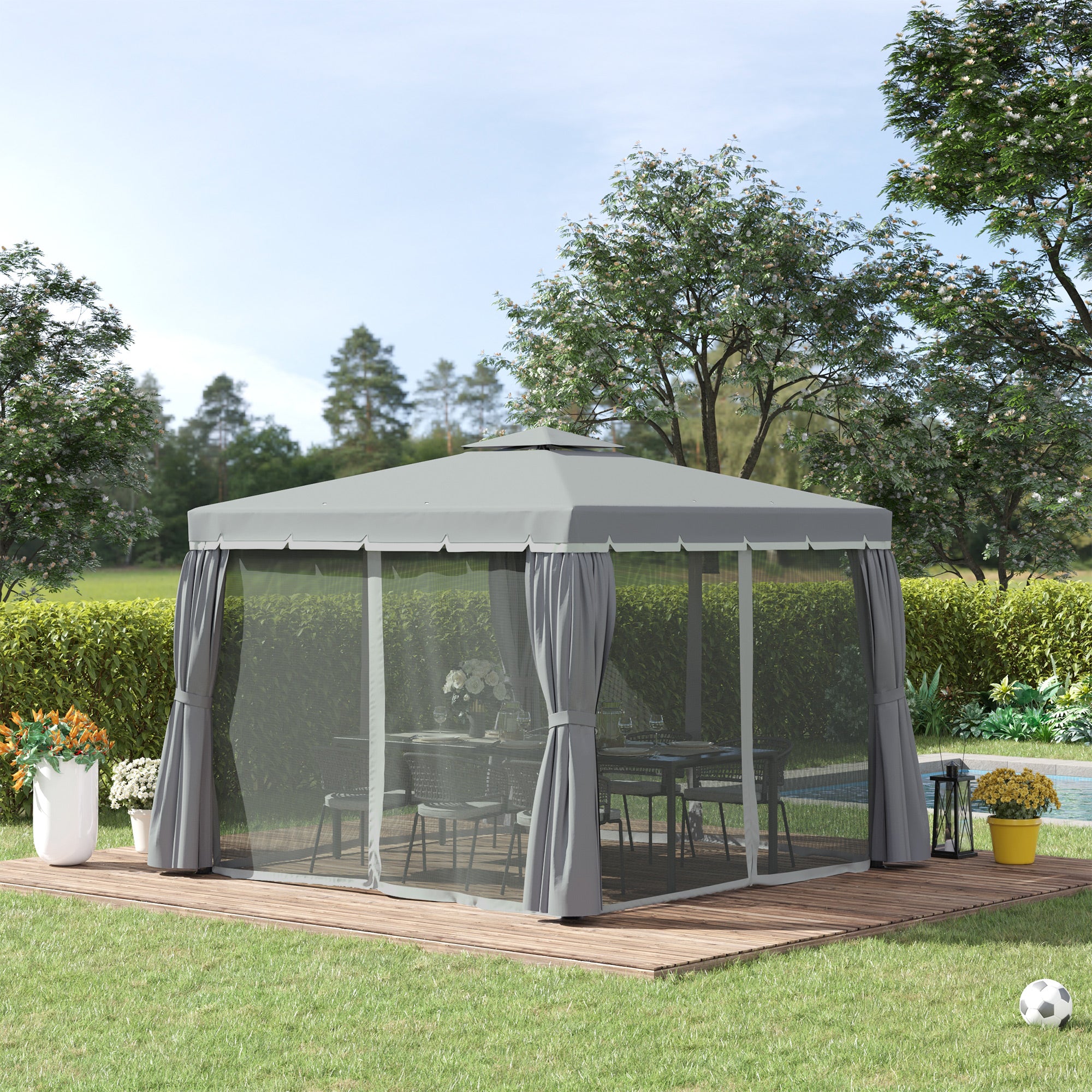 Patio Gazebo 3x3m with 2-Tier Roof, Mosquito Netting, Curtains, Aluminium Frame, Dark Grey