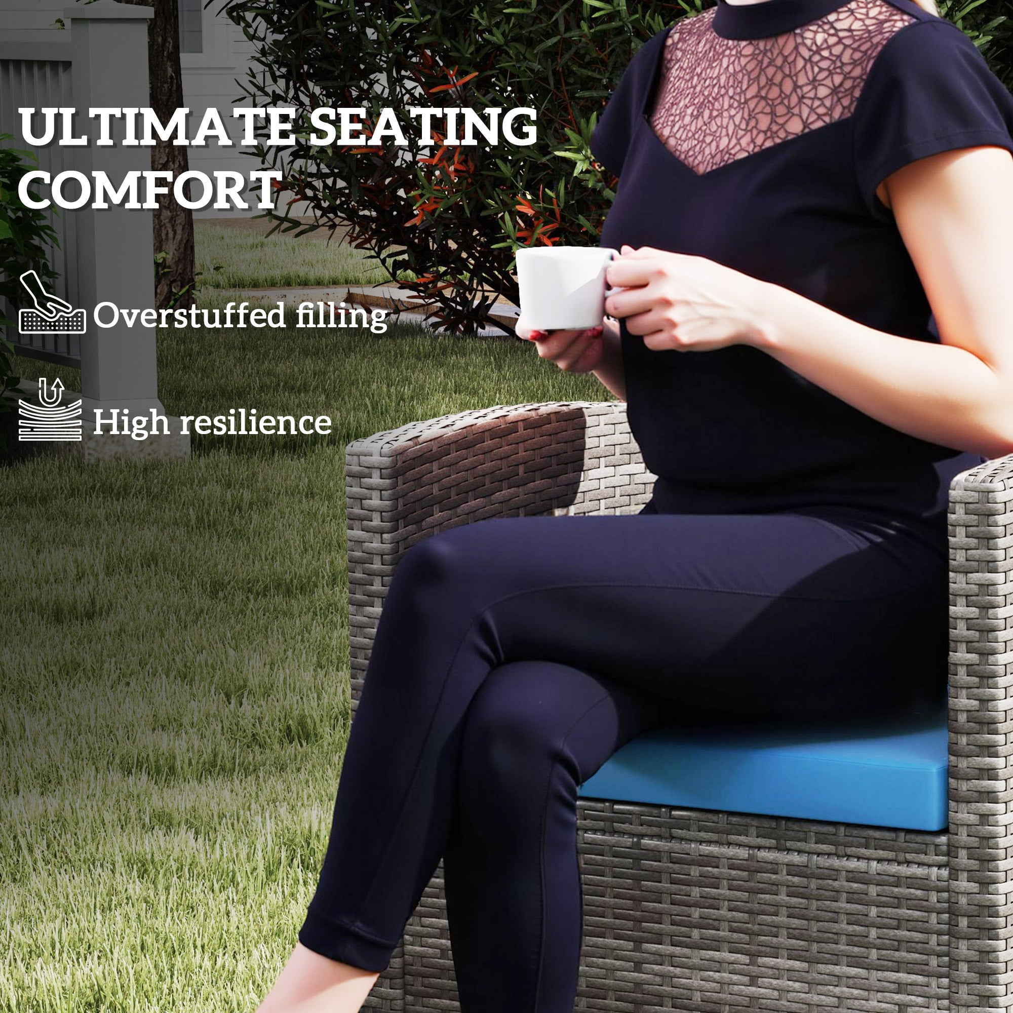 Outdoor Seat Cushion Pads, 3 PC Rattan Furniture Set, Sky Blue