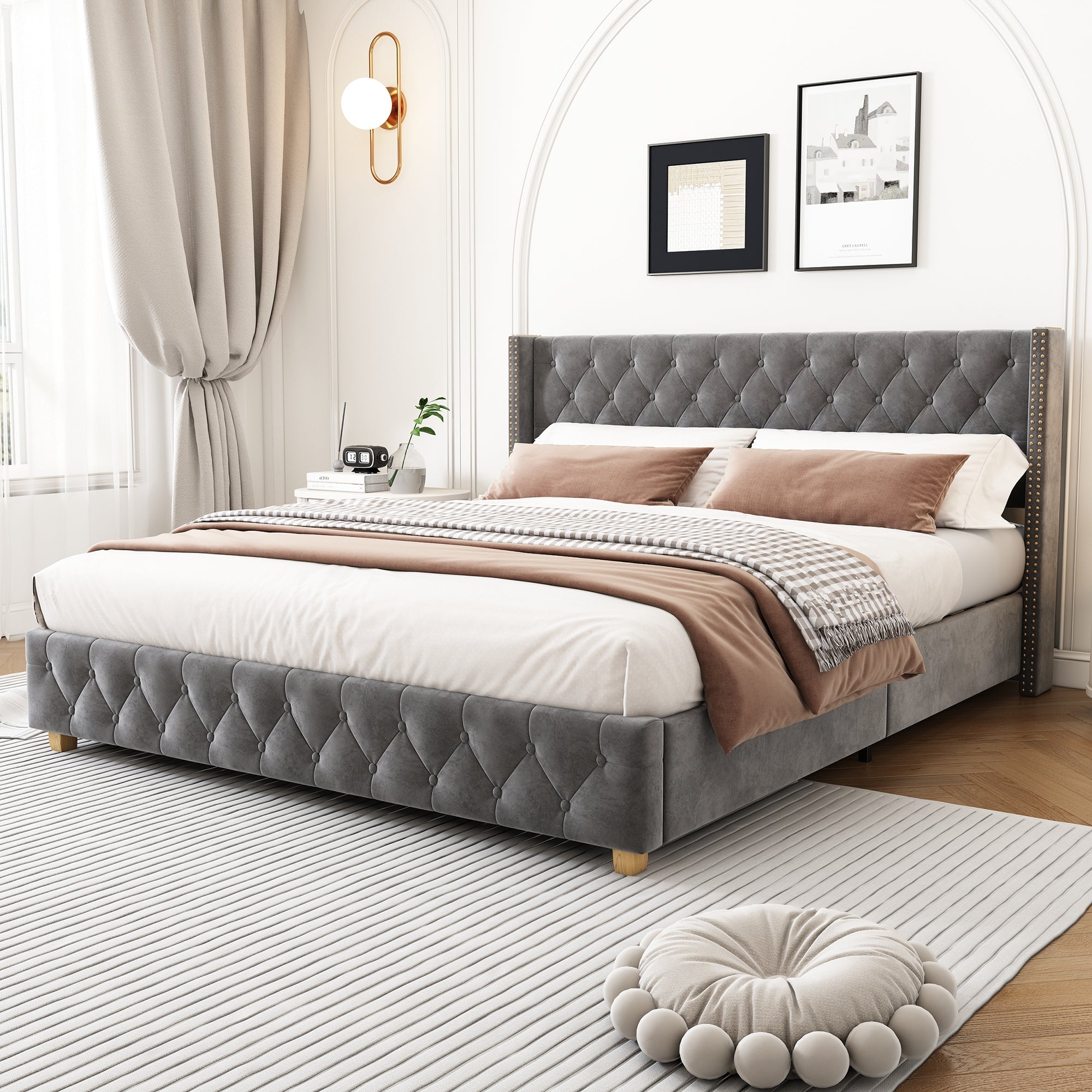 Upholstered Bed King Size (150x200cm) with Slatted Frame, Button & Rivet Upholstery, Wooden Legs, Grey Velvet