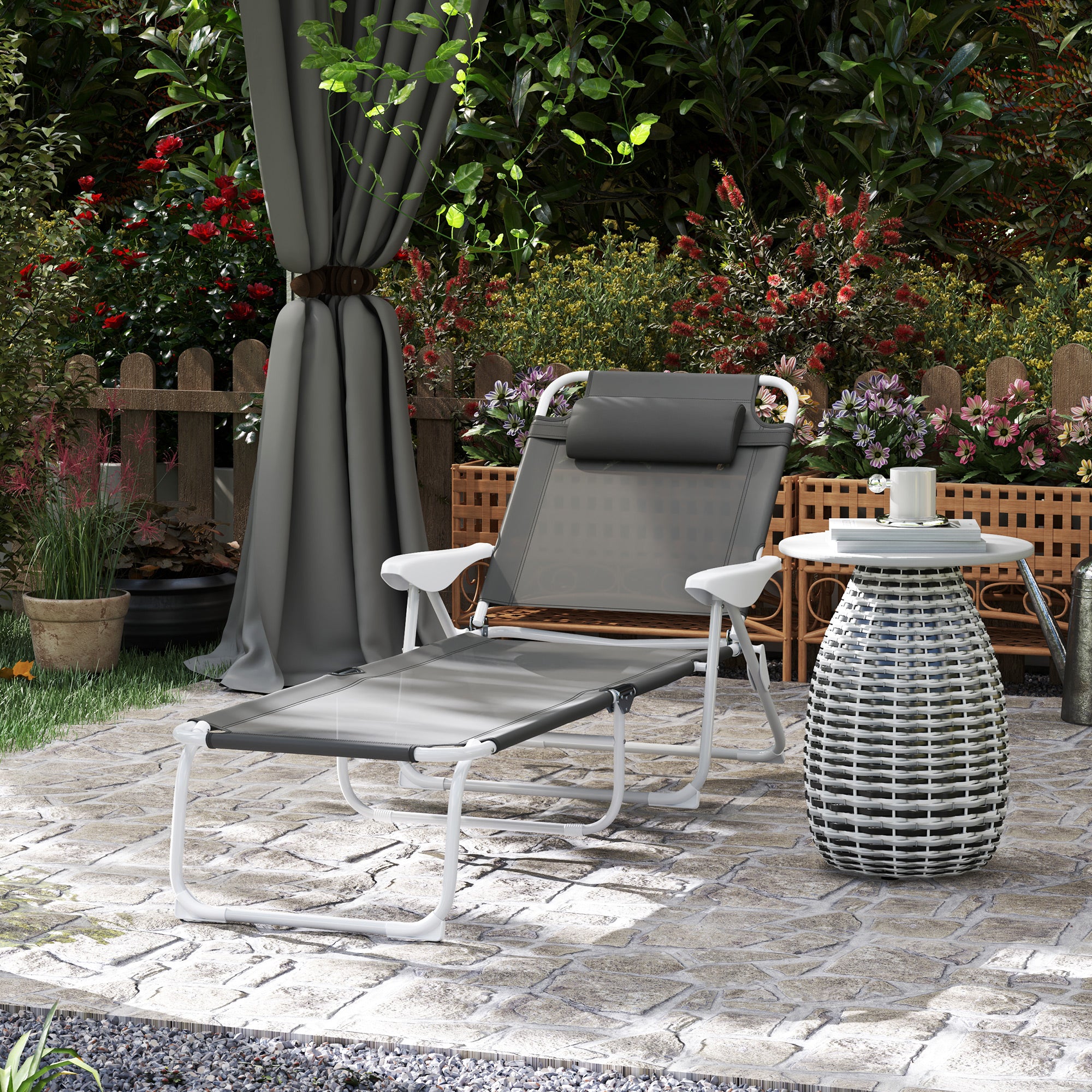 Foldable Lounge Chair, 4-Level Adjustable Backrest & Headrest, Charcoal Grey