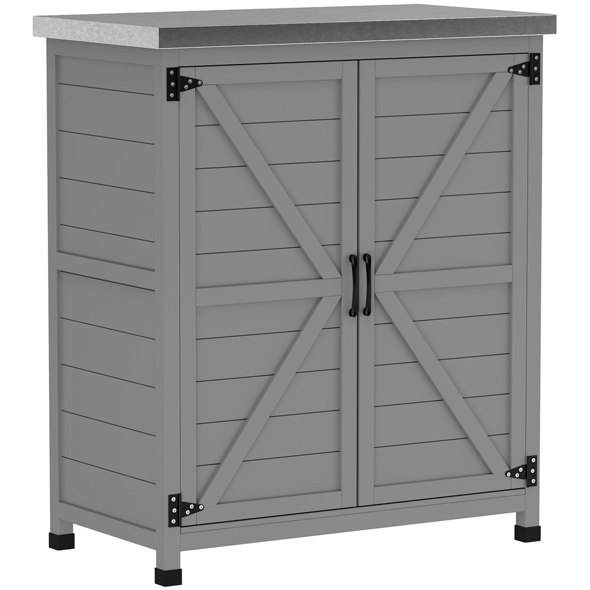 Wooden Garden Shed Outdoor Storage Cabinet with Worktop, Double Doors, Shelf, Grey