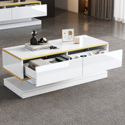 Coffee Table 100x50x38cm High Gloss with 2 Drawers, Warm White and Gold Edge